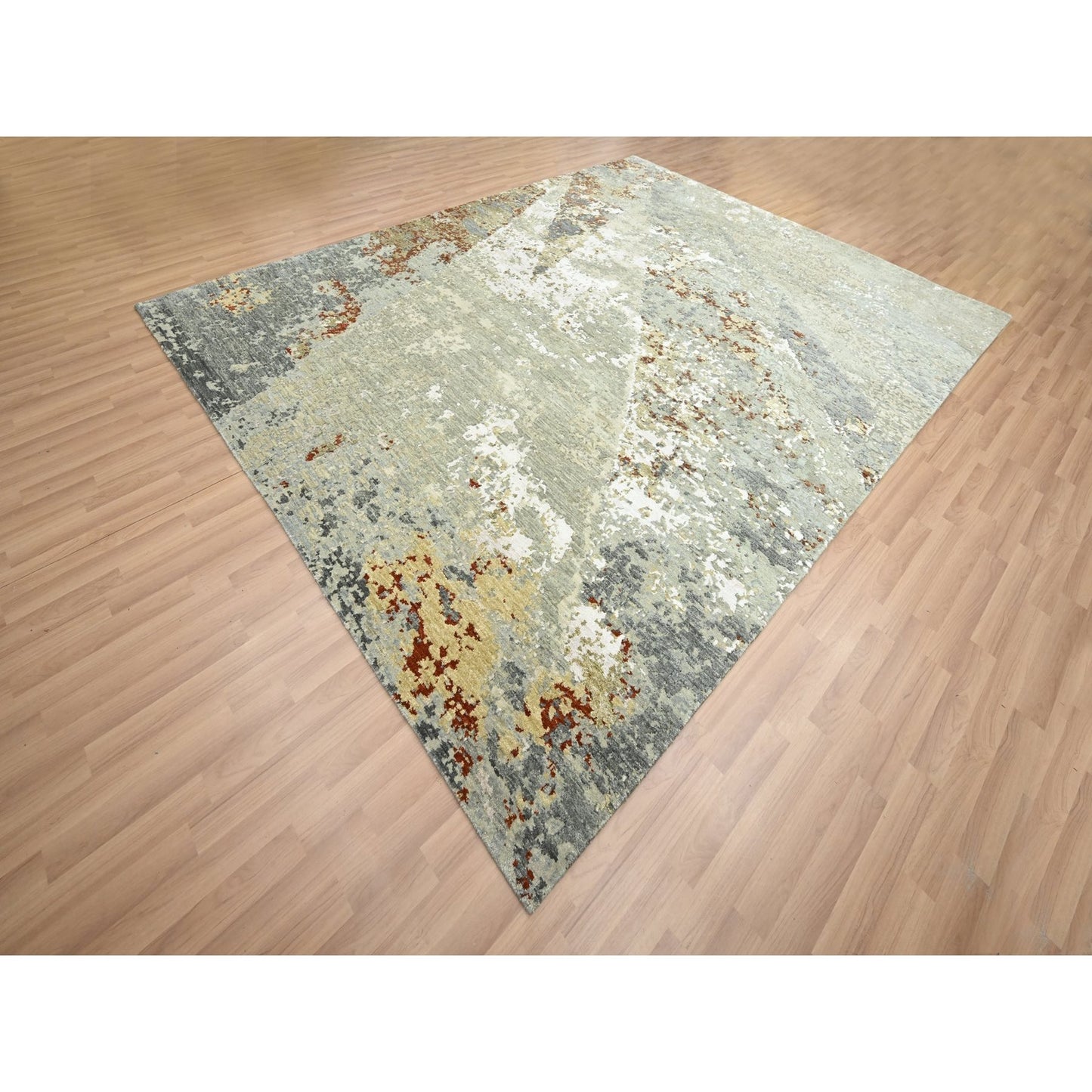 7'10"X10'1" Gray Abstract Design Pure Wool Hand Knotted Oriental Rug