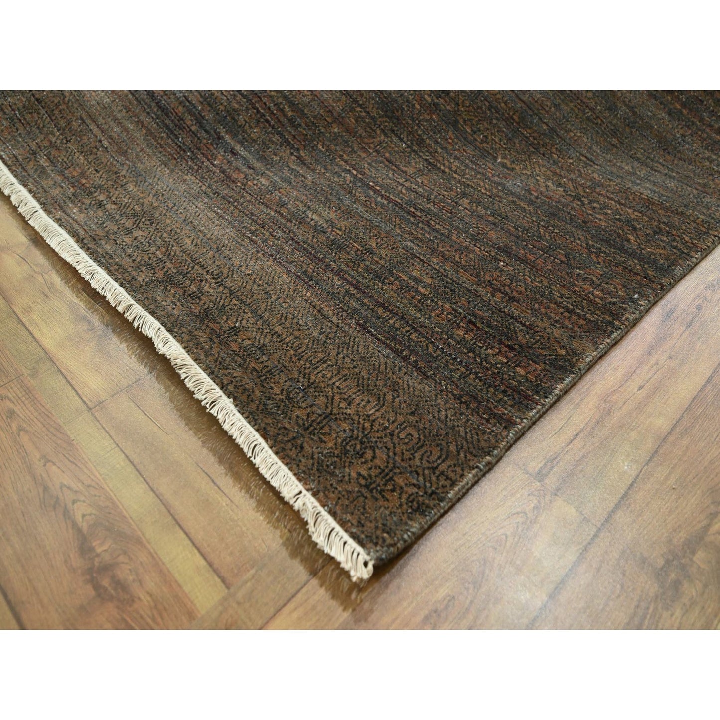 10'X14' Cinnamon Brown Modern Grass Design Hand Knotted Wool And Silk Rug