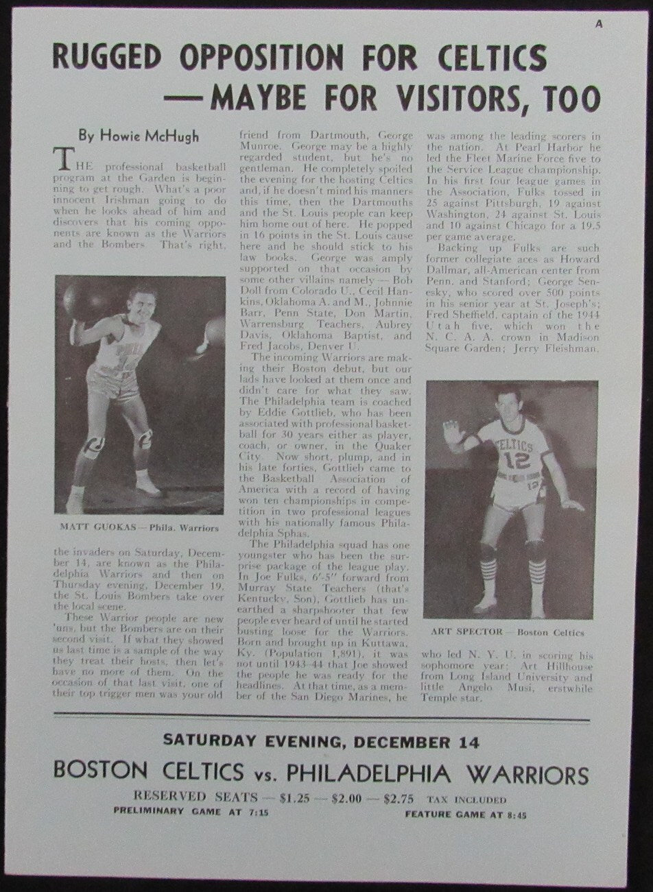 Vintage 1946 Boston Celtics Vs. Detroit Falcons