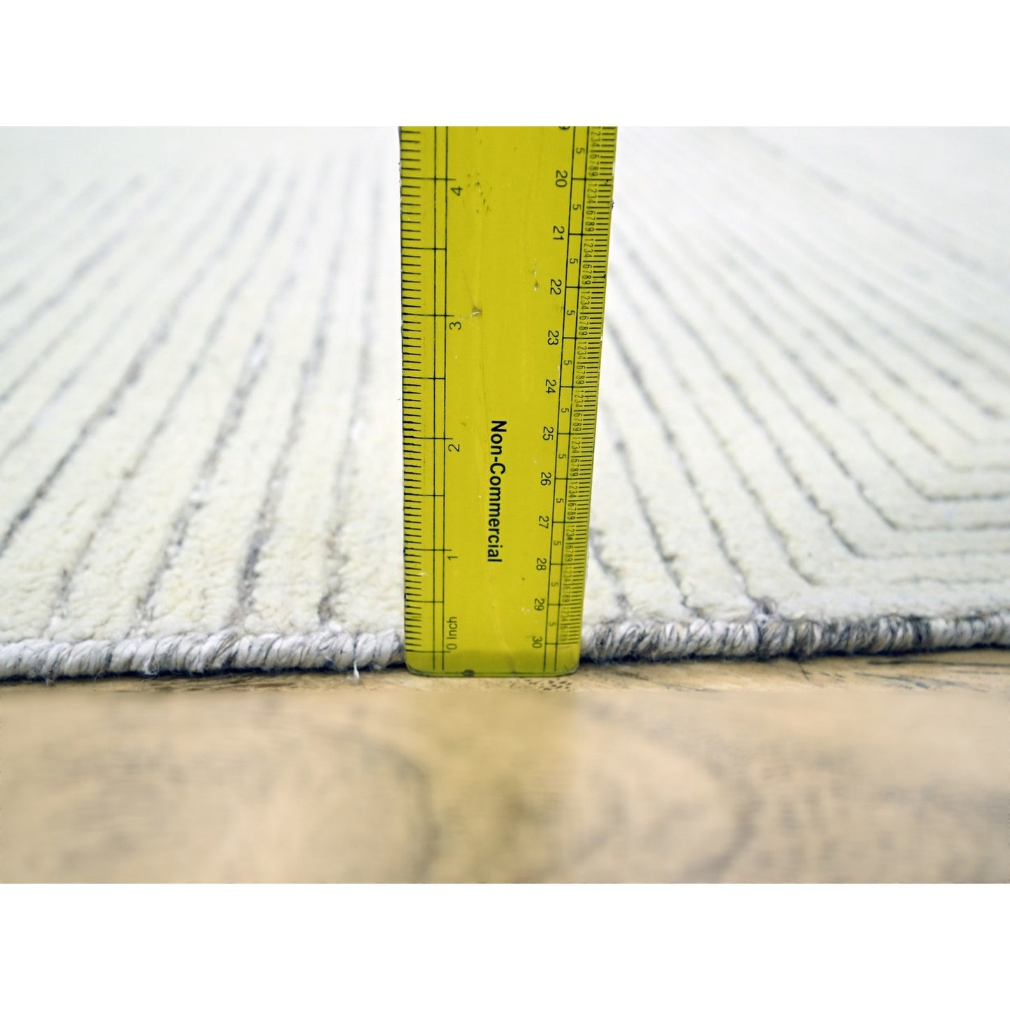 9'X12'1" White Geometric Variegated Line Design All Wool Hand Knotted Rug