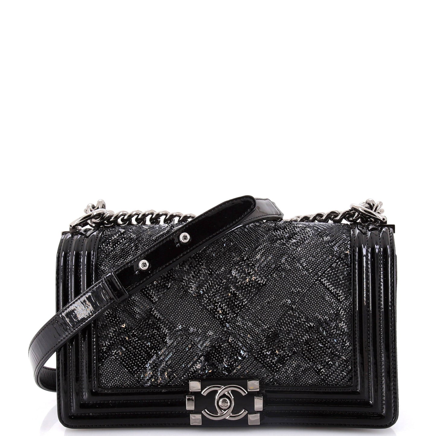 Chanel Boy Flap Bag Sequin With Patent Old Medium