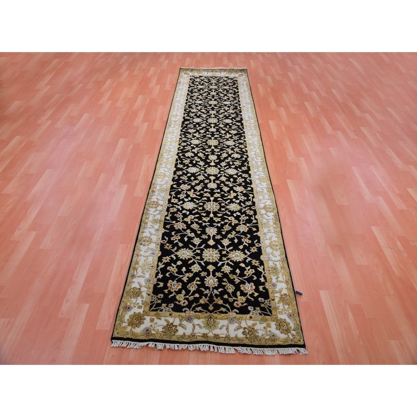 3'1"X12'2" Caviar Black Rajasthan Hand Knotted Wool Silk Runner Rug