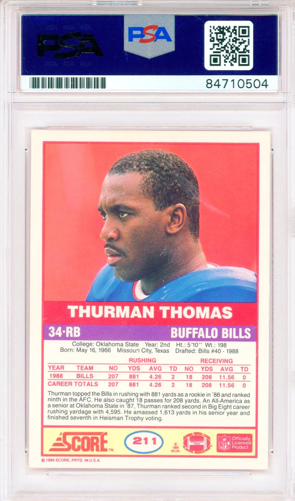 Thurman Thomas Autographed 1989 Score Card #211 (Psa Auto Gem Mt 10)