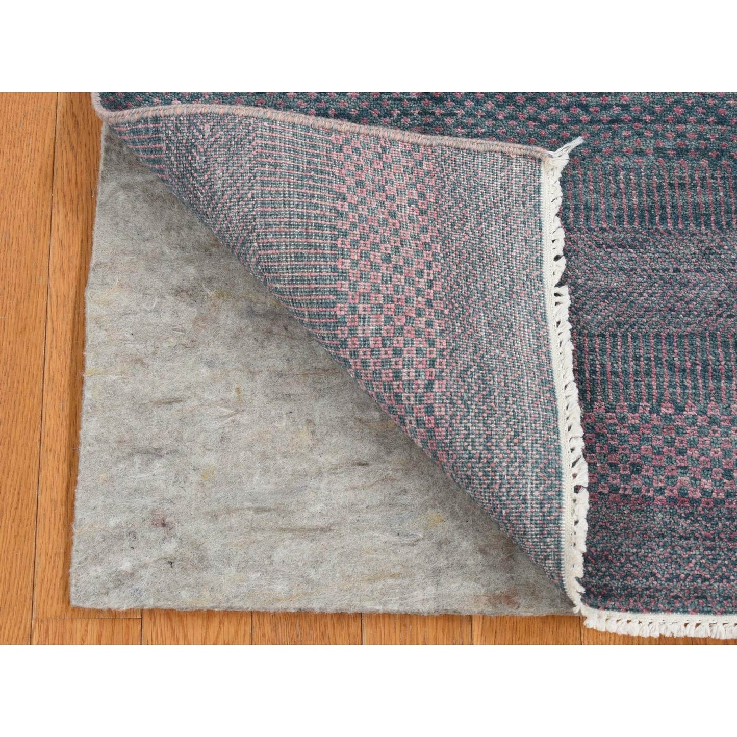 2'7"X8'10" Green Wool And Silk Grass Design Hand Knotted Runner Rug