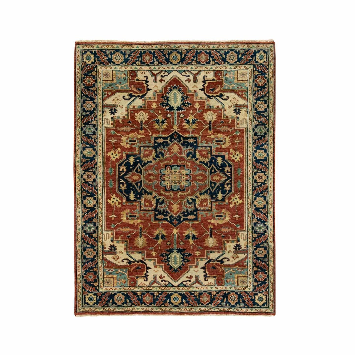 4'1"X6' Hand Knotted Red Antiqued Heris Re-Creation Geometric Design Rug