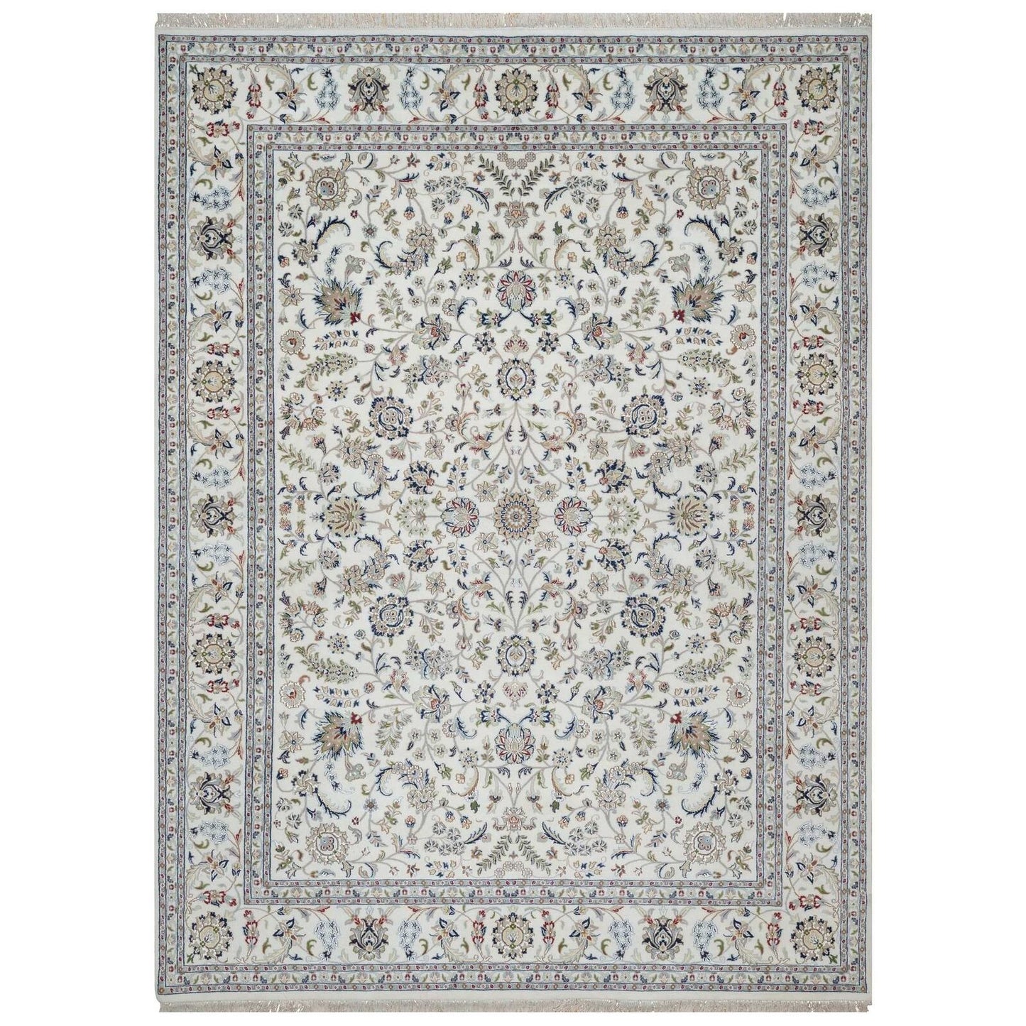 9'X12'1" White Hand Knotted Nain Flower Design Wool And Silk 250 Kpsi Rug