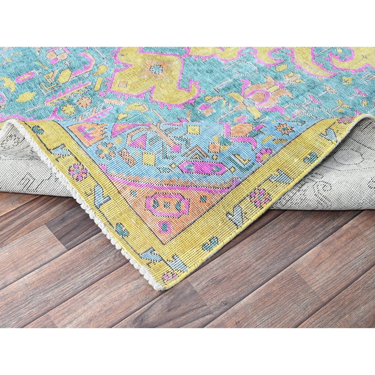 5'10"X9' Green Painted Vintage Zoroastrian Tebraz Hand Knotted Wool Rug