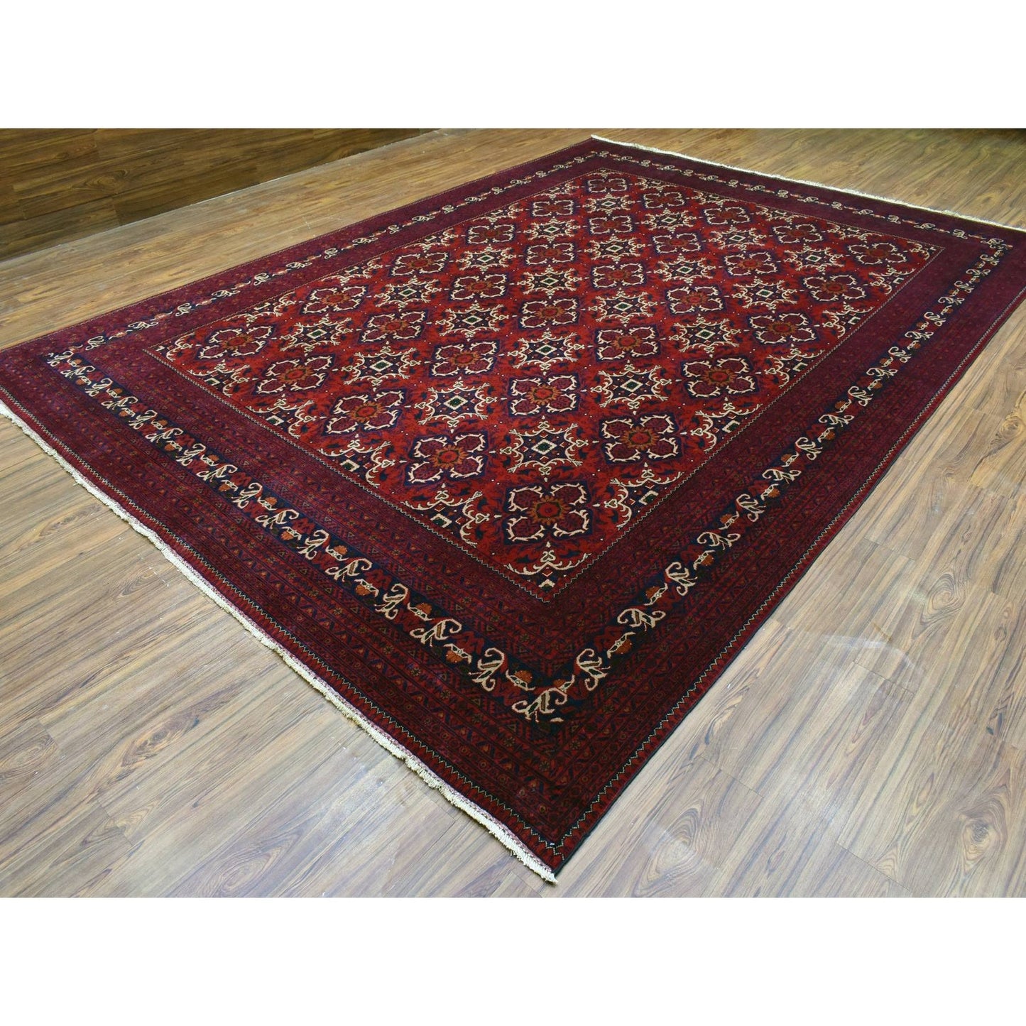 10'X13'8" Red Afghan Khamyab Soft Wool Geometric Design Hand Knotted Rug