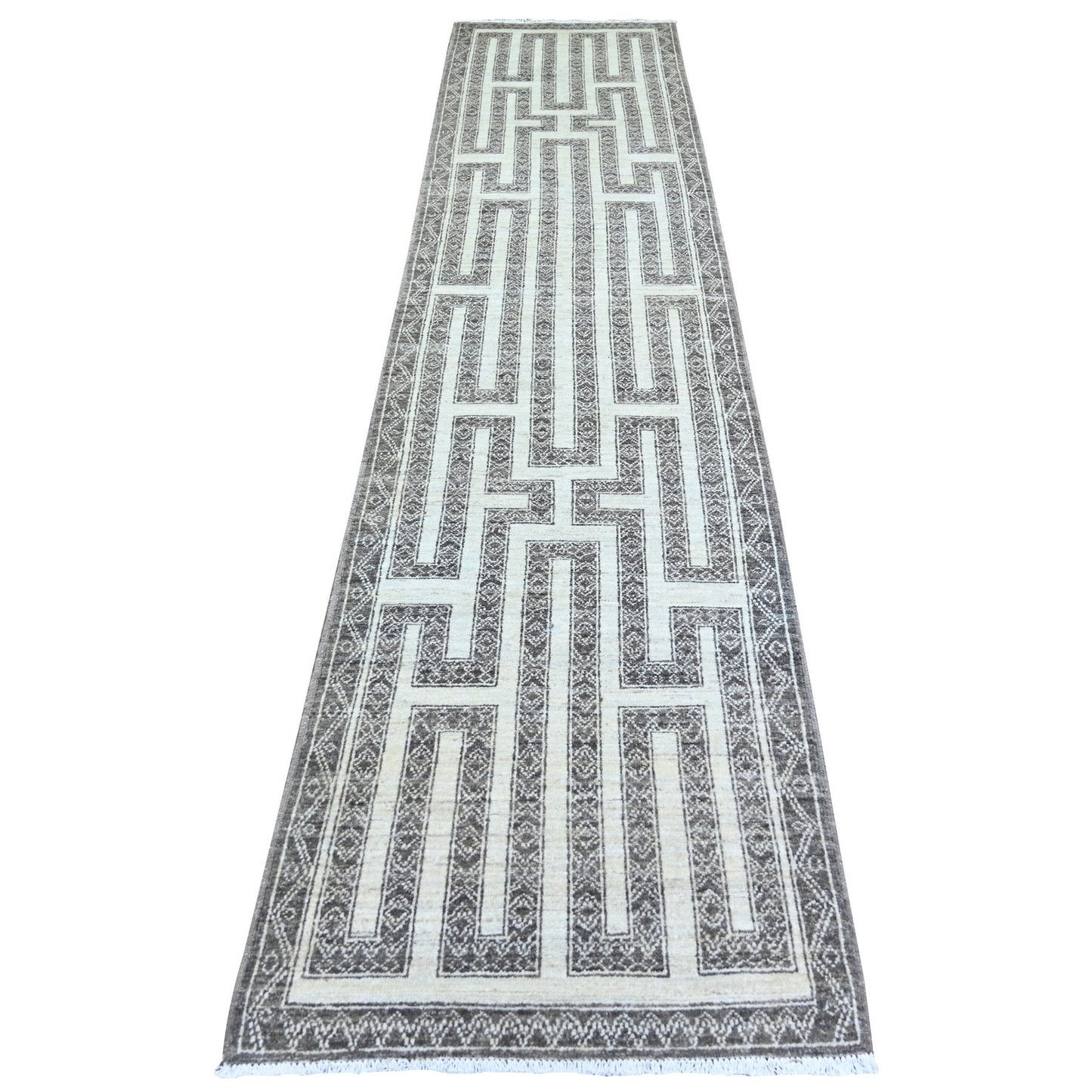 2'7"X11'7" Taupe Brown Hand Knotted Wool Fine Peshawar Runner Rug