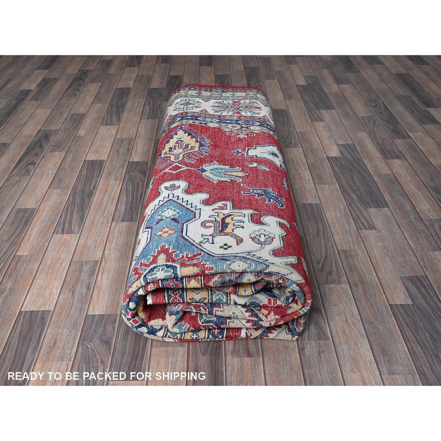9'9"X14' Red Kazak With Tribal Medallions Design Hand Knotted Soft Wool Rug