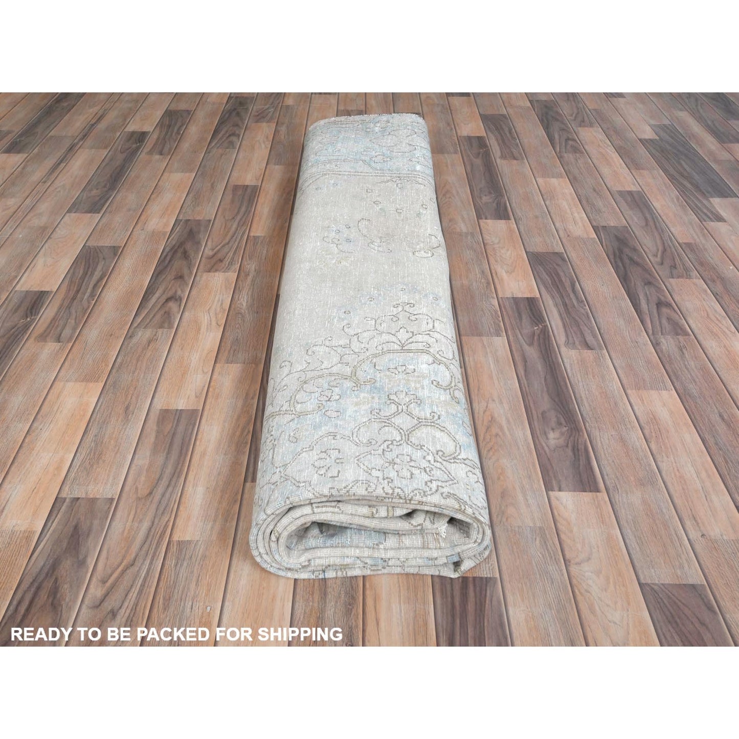 9'8"X12'10" Beige Hand Knotted Wool Distressed Vintage Farsian Karman Rug