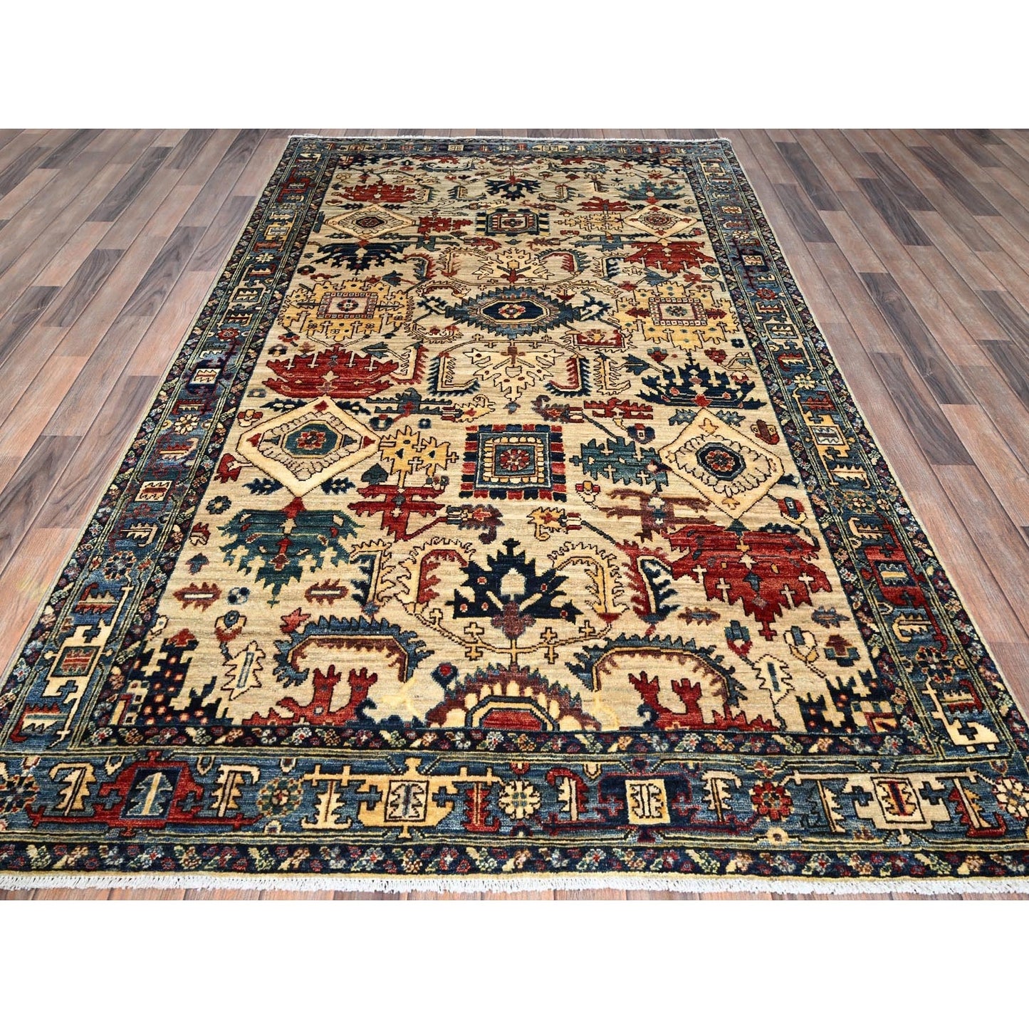 5'3"X8'6" Ivory Zoroastrian With Serrated Gul Motif Wool Hand Knotted Rug