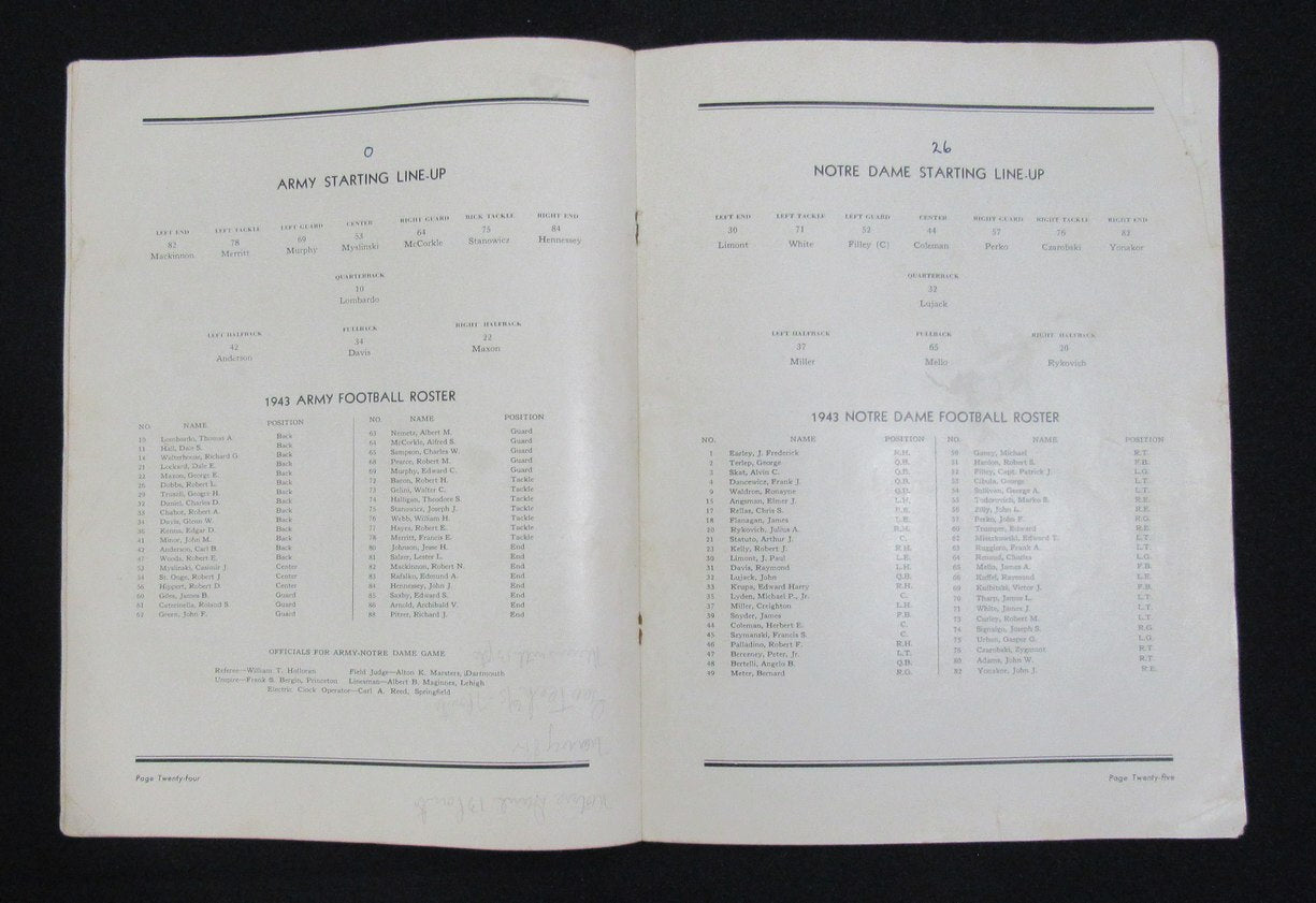 11/6/1943 Army Vs. Notre Dame College Program