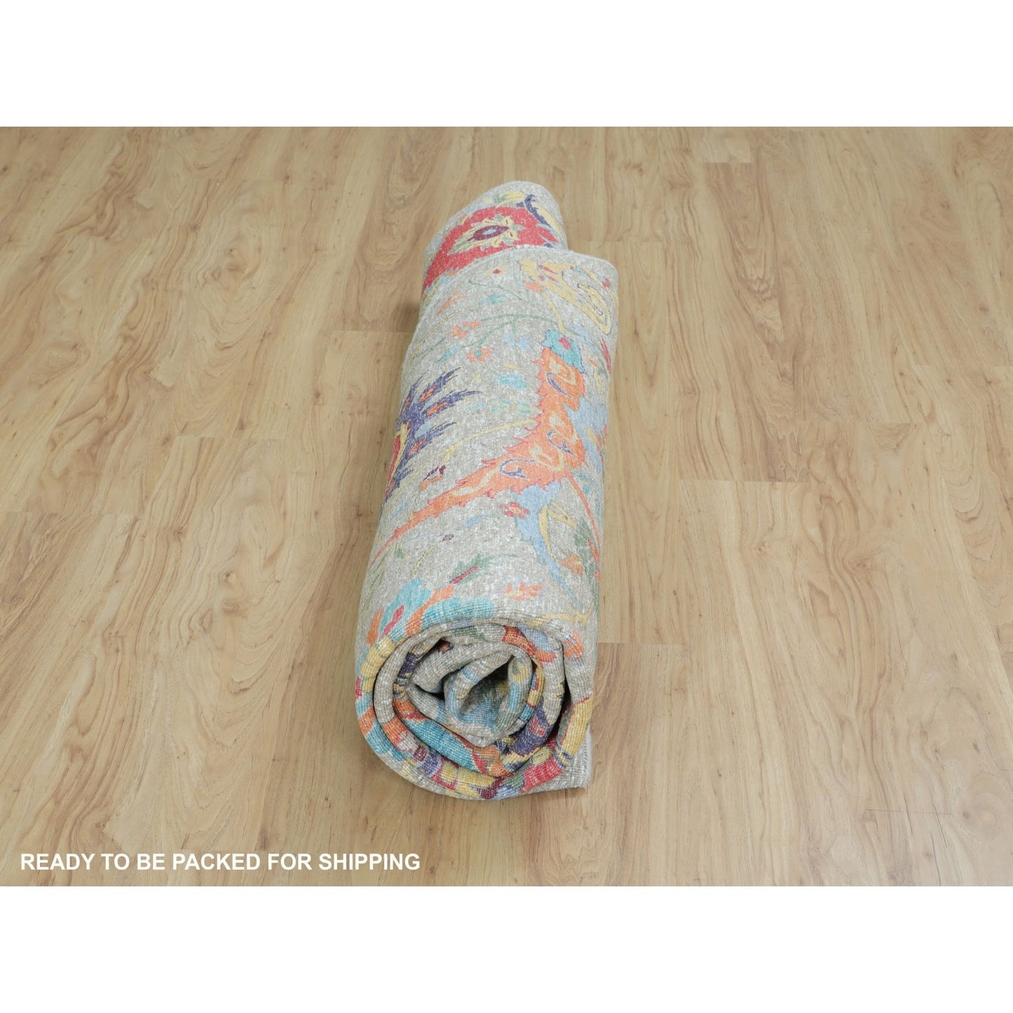 8'10"X8'10" Tan Round Sickle Leaf Design Silk With Wool Hand Knotted Rug