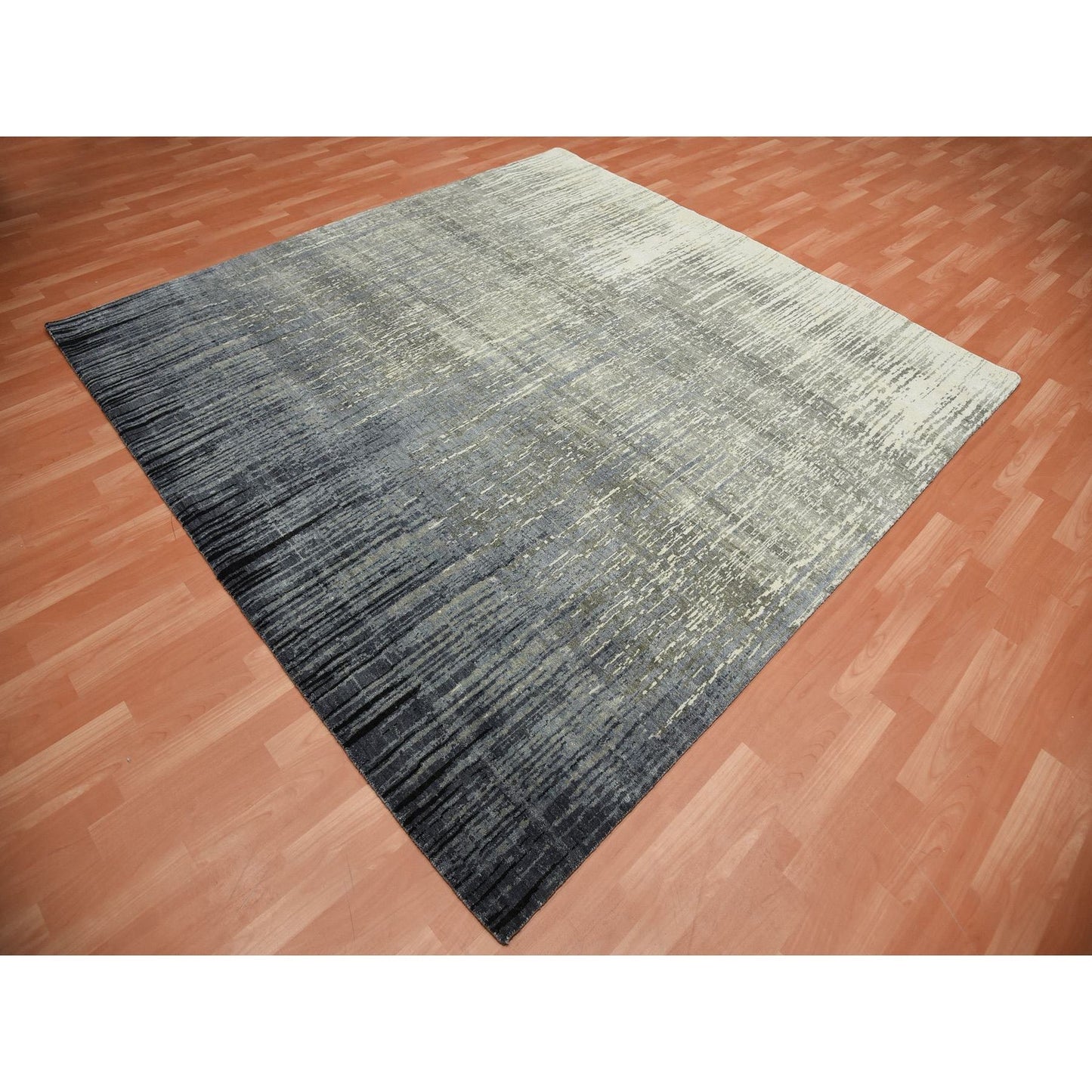 8'X8'4" Gray And Black Hand Knotted Modern Ombre Design Wool Square Rug