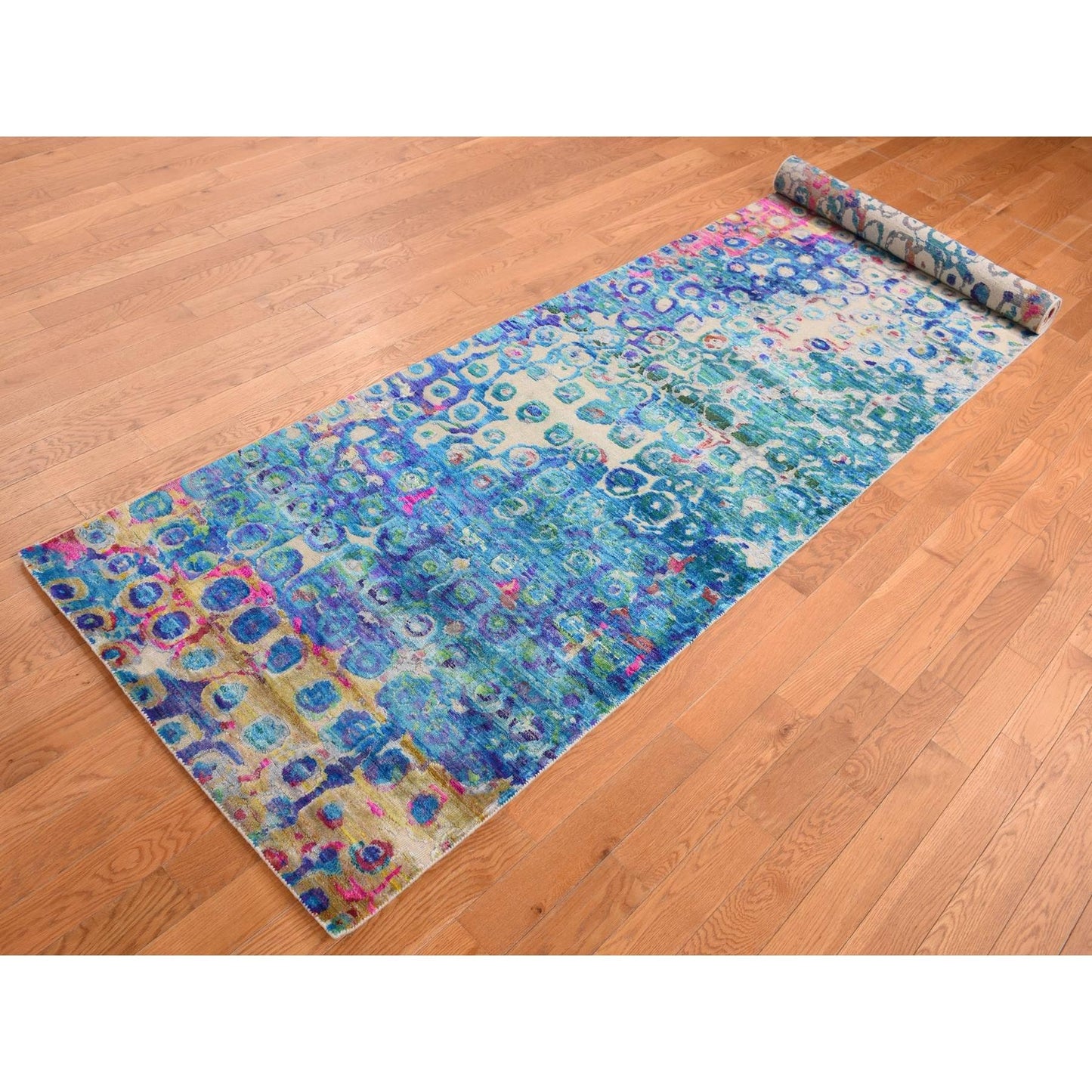 3'X12'4" Admiral Blue The Peacock Sari Silk Hand Knotted Runner Rug