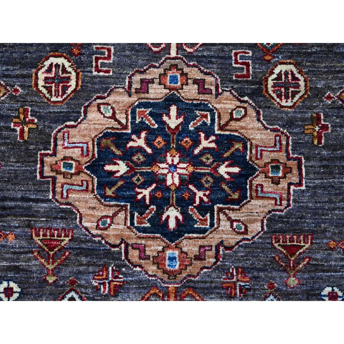9'X12'3" Gray Tribal Medallions Hand Knotted Super Kazak Oriental Rug