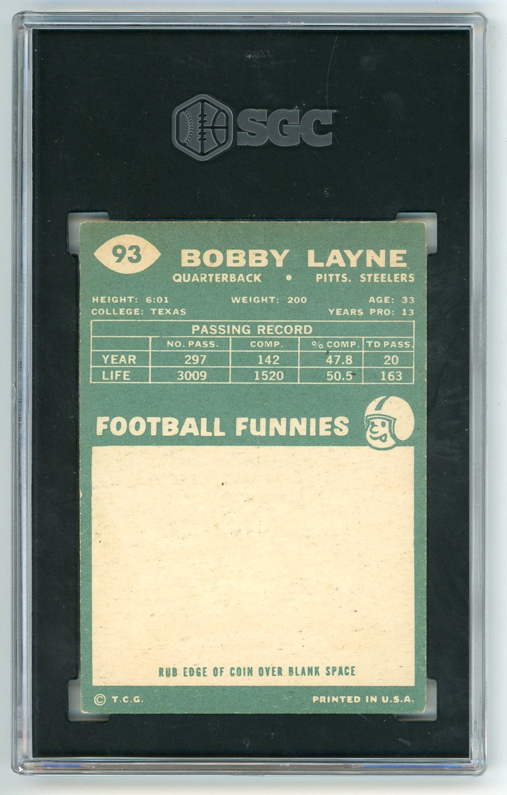 Bobby Layne 1960 Topps #93 Sgc 6.5