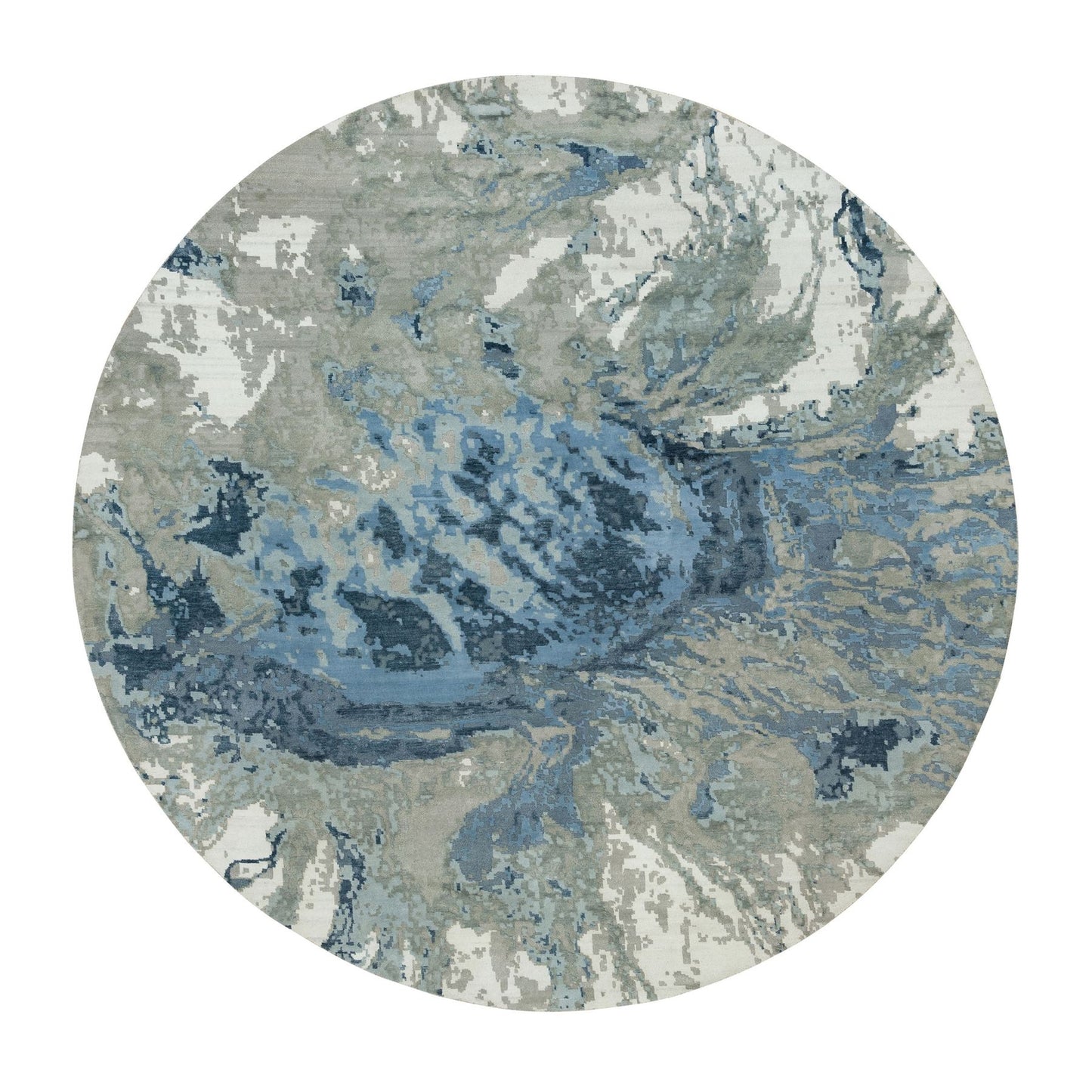 12'X12' Steel Blue Abstract Galaxy Wool And Silk Hand Knotted Round Rug