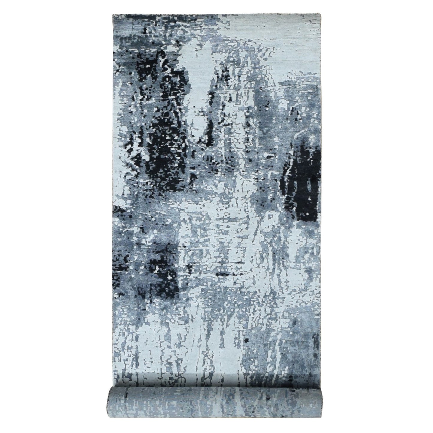 4'2"X13'1" Gray Abstract Design Wool & Silk Hand Knotted Wide Runner Rug