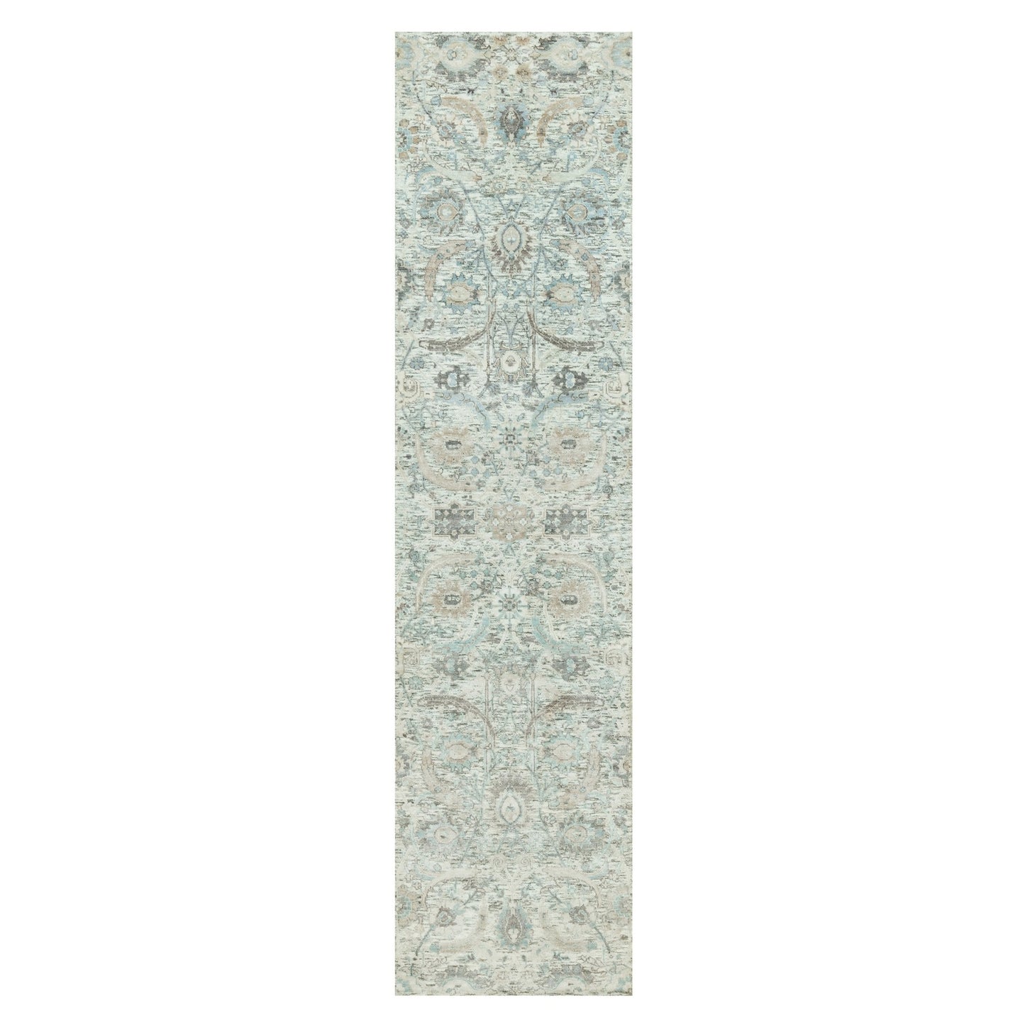 2'6"X10' Futon White Hand Knotted Sickle Leaf Silk And Wool Runner Rug