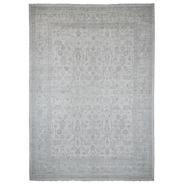 10'X13'8" White Hand Knotted Washed Out Peshawar Vines Design Wool Rug