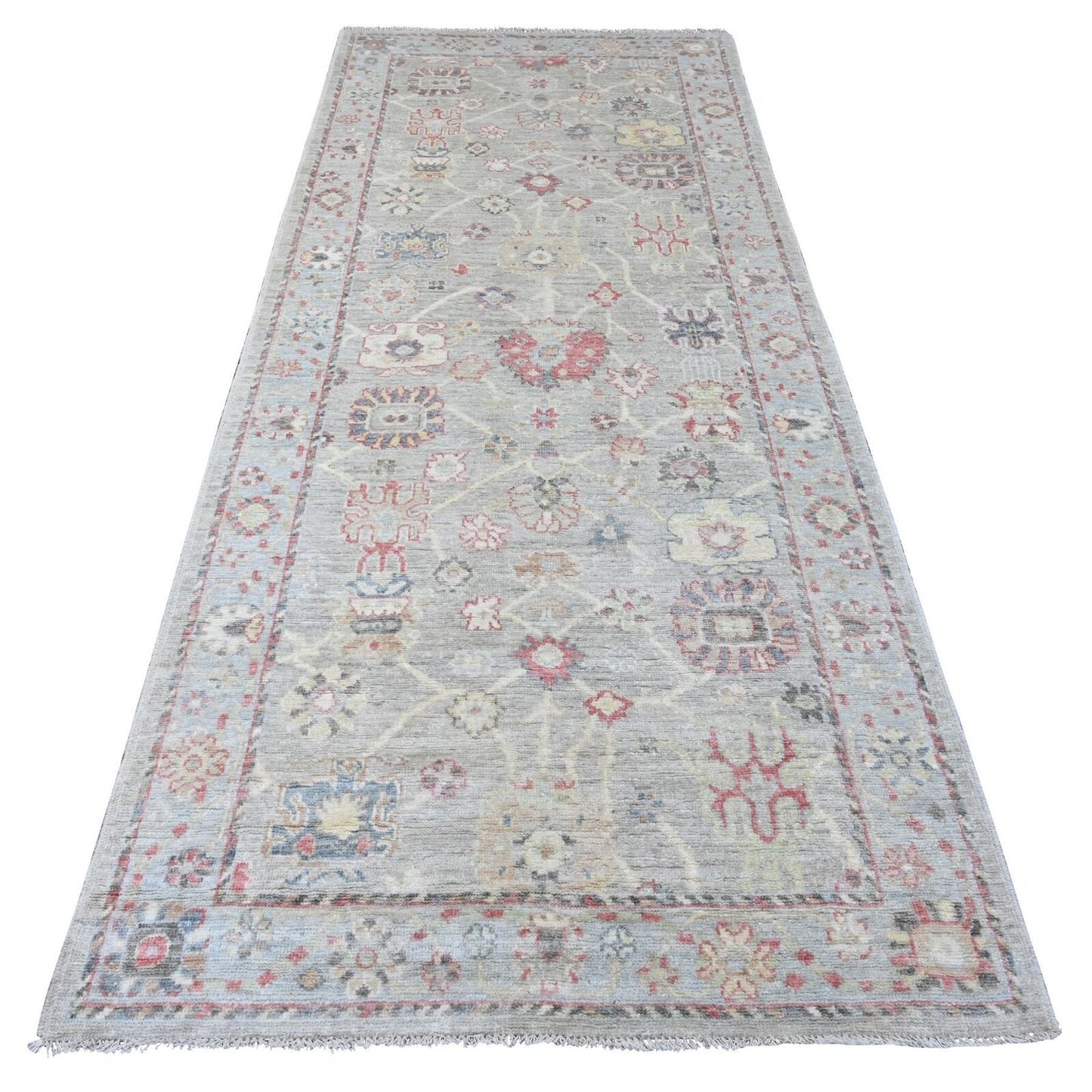 4'2"X9'10" Gray Angora Oushak Vines Design Hand Knotted Wool Runner Rug