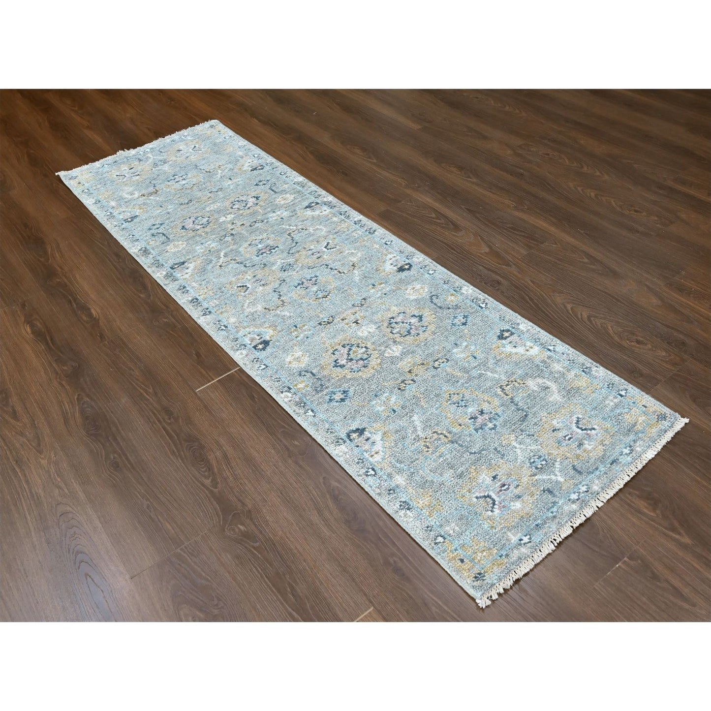 2'5"X8'6" Gray Oushak Design Hand Knotted All Wool Runner Oriental Rug