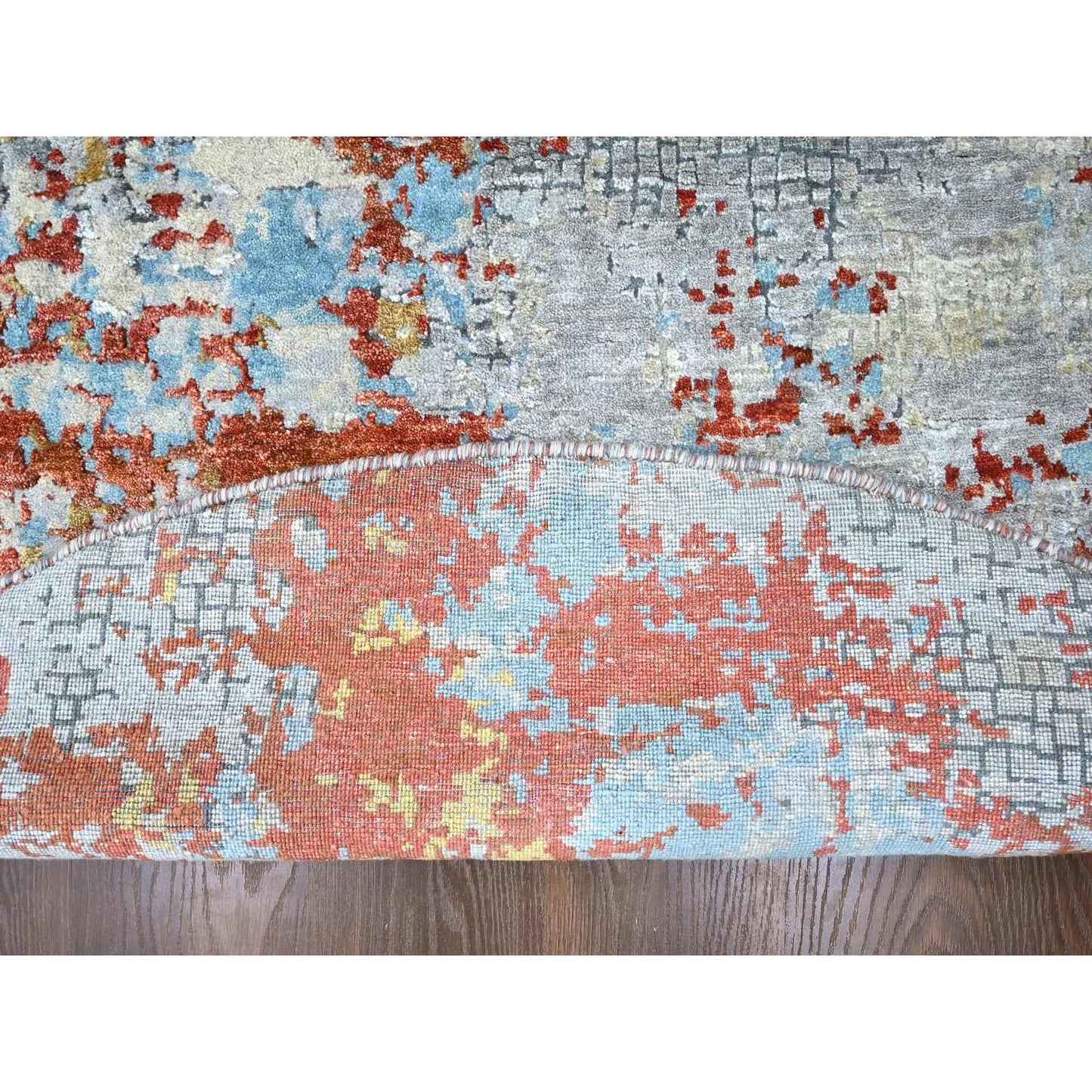 8'X8' Orange Abstract Mosaic Design Wool And Silk Hand Knotted Round Rug