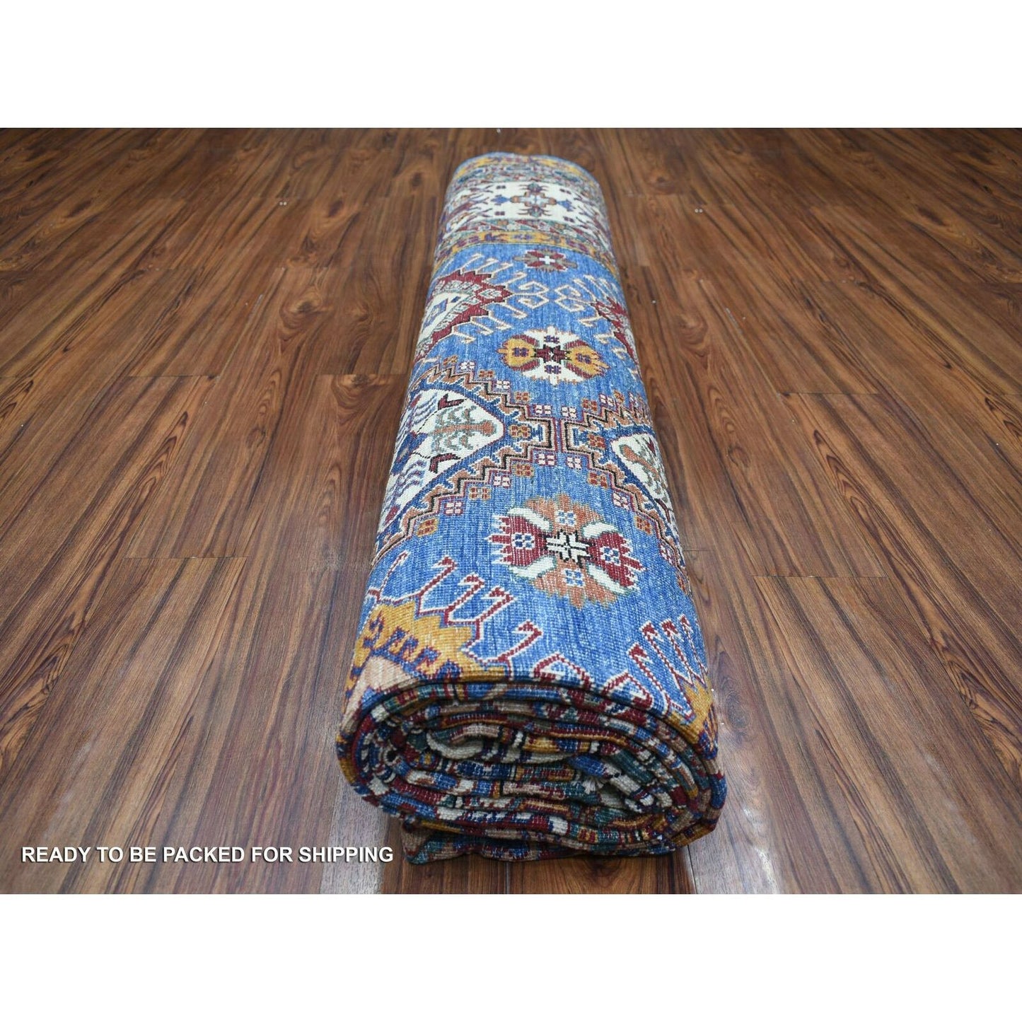 9'X12'8" Blue Caucasian Super Kazak Shiny And Soft Wool Hand Knotted Rug
