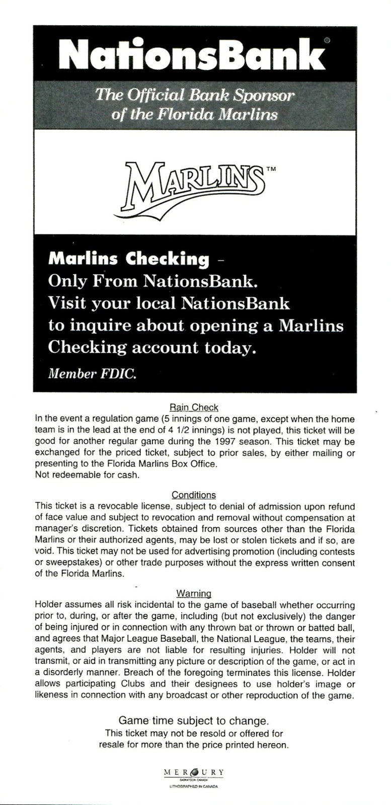 1997 Opening Day Marlins Vs Cubs Full Game Ticket