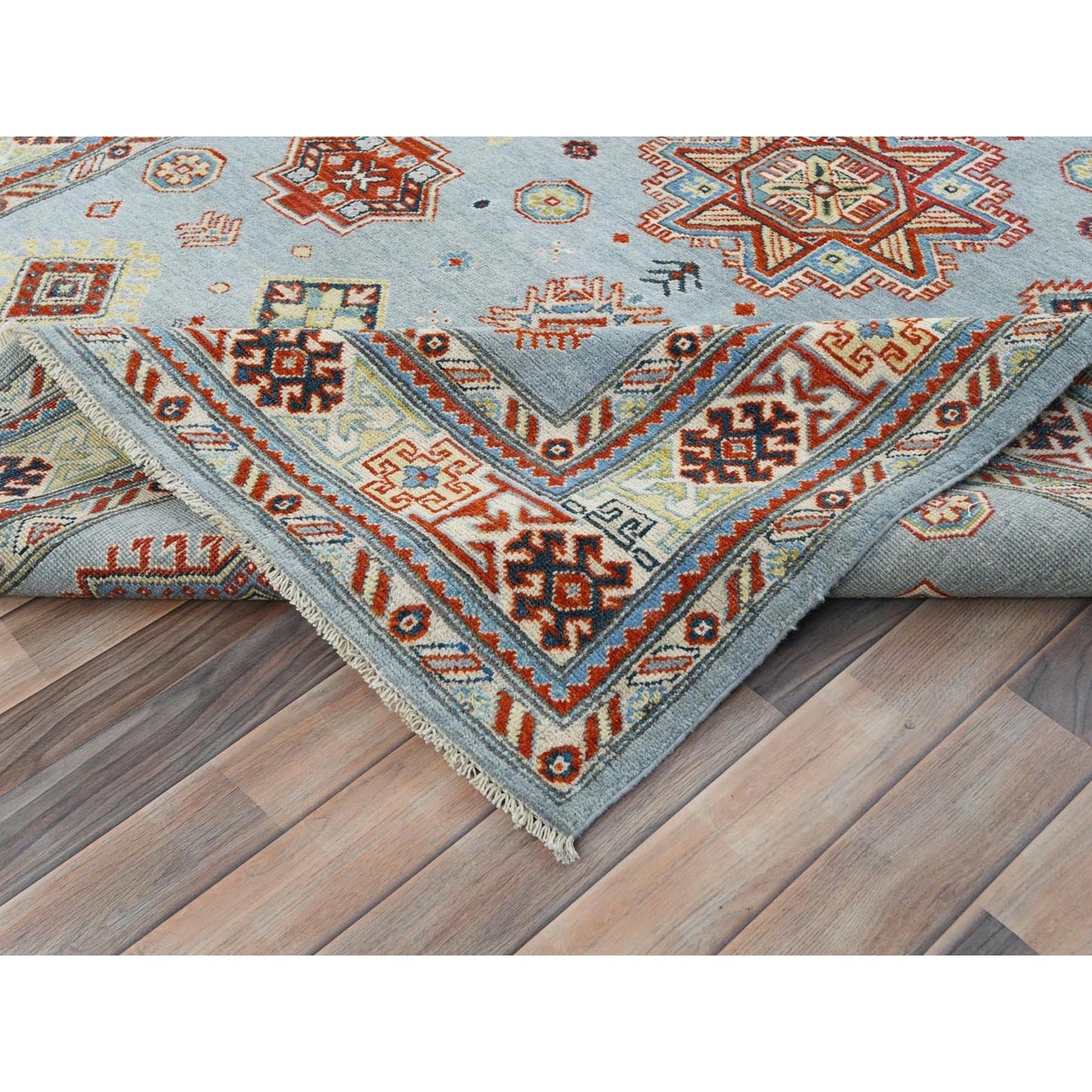 6'1"X8'9" Blue Special Kazak With Geometric Design Wool Hand Knotted Rug