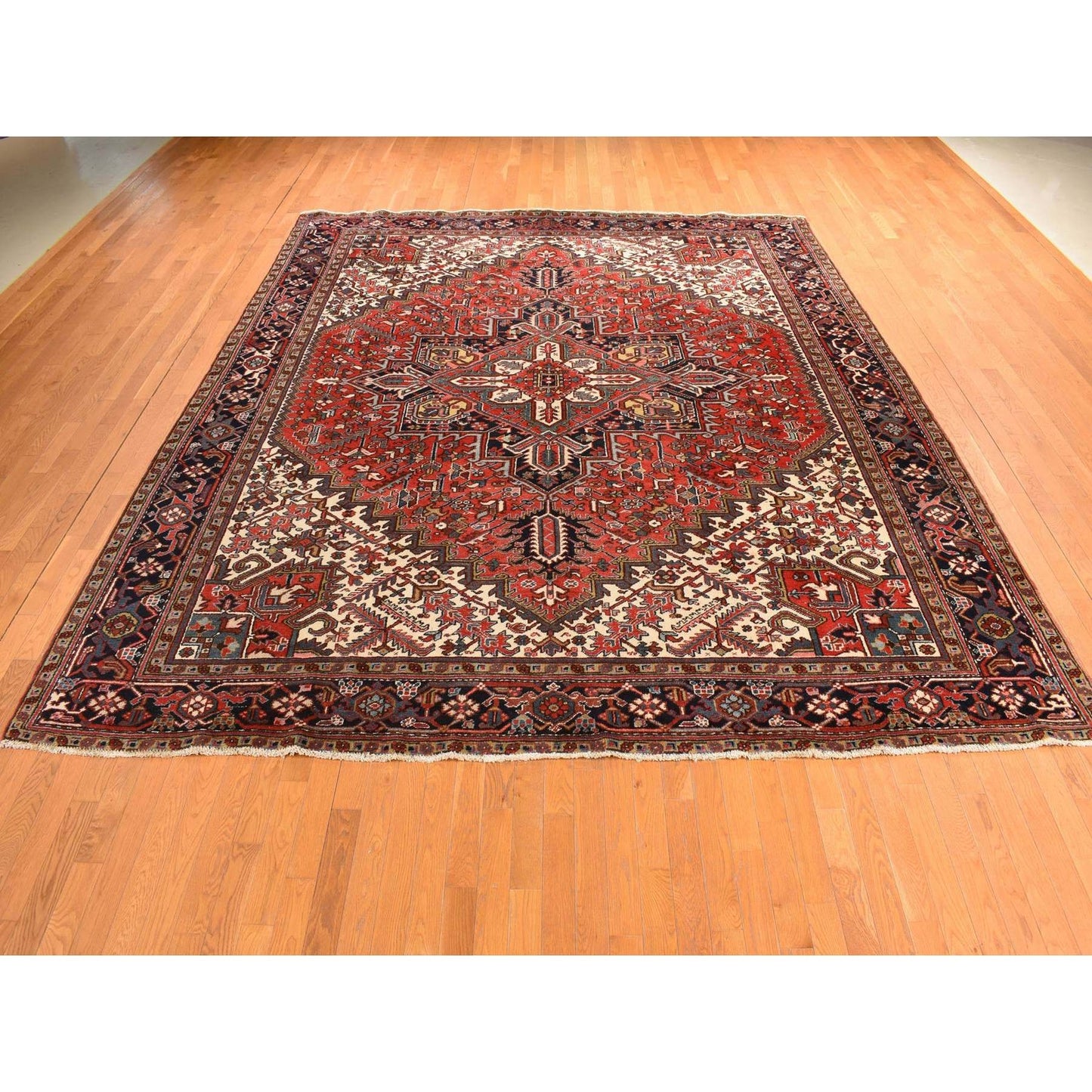 11'X13' Rose Red Zoroastrian Heris Clean Wool Hand Knotted Squarish Rug