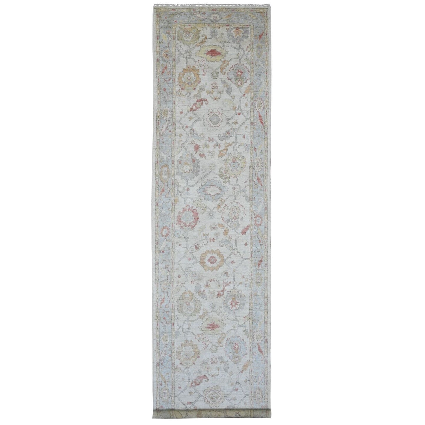 4'X15'10" White Angora Oushak Leaf Design Hand Knotted Wool Runner Rug