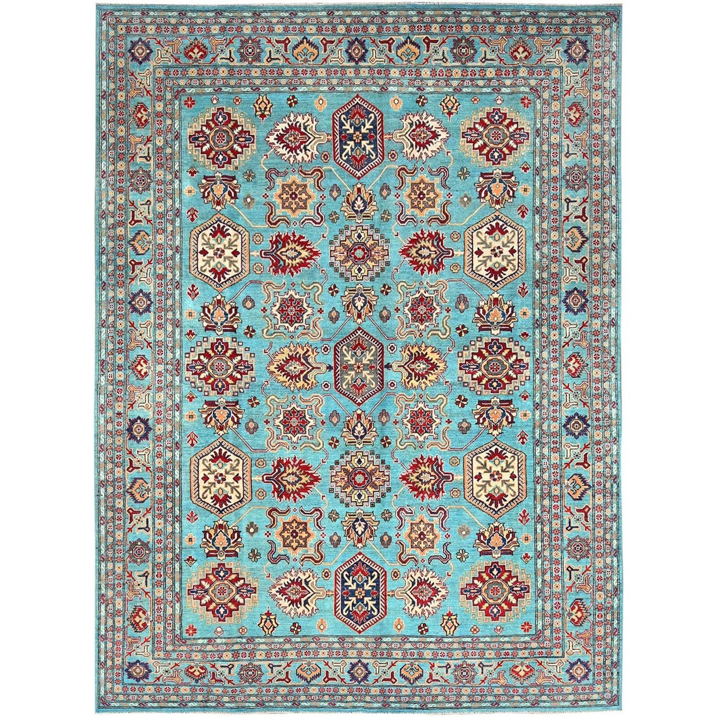 9'X12'1" Fanfare Blue Kazak Geometric Hand Knotted 100% Wool Oriental Rug