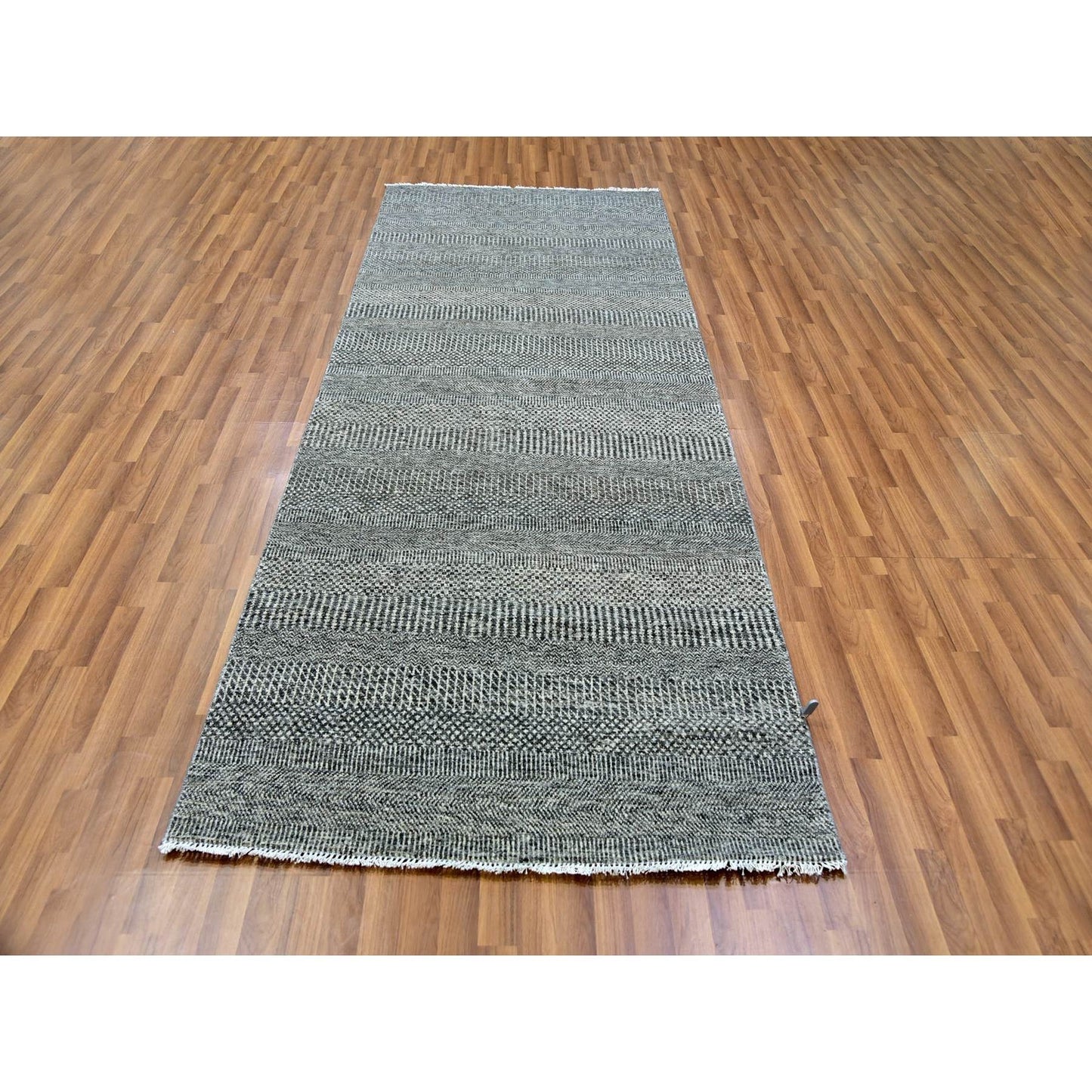 4'X10'2" Gray Modern Undyed Wool Grass Hand Knotted Wide Runner Rug