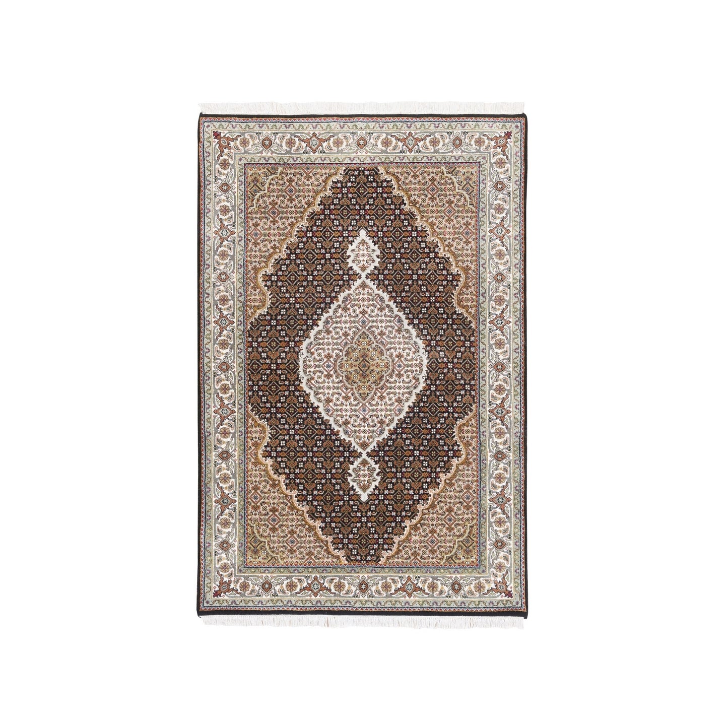 3'10"X6' Hand Knotted Tebraz Mahi Fish Medallion Design Wool And Silk Rug