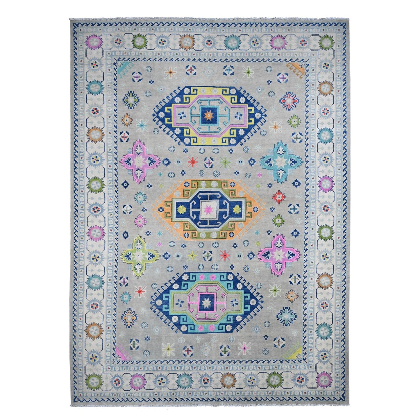 9'7"X13'4" Gray Fusion Kazak Caucasian Design Pure Wool Hand Knotted Rug