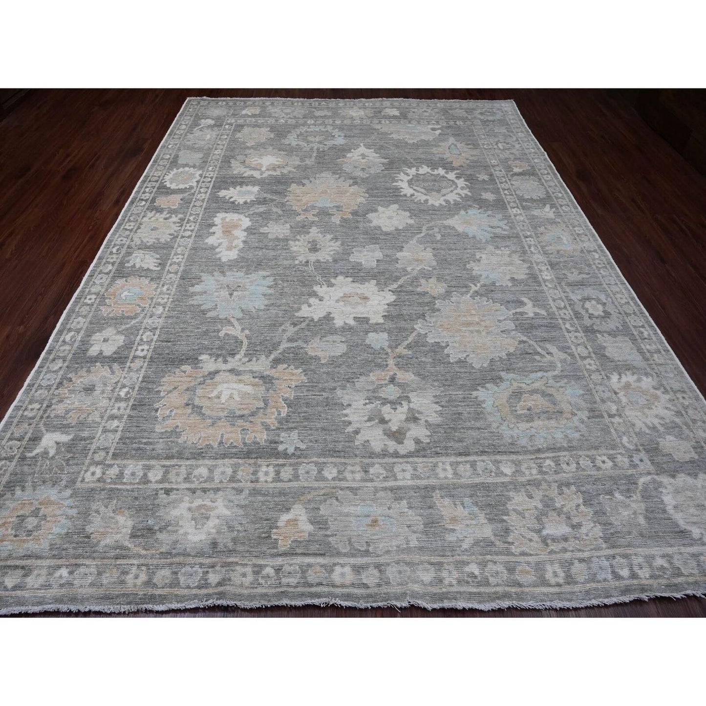 8'10"X11'10" Gray Afghan Angora Oushak Leaf Pattern Hand Knotted Wool Rug
