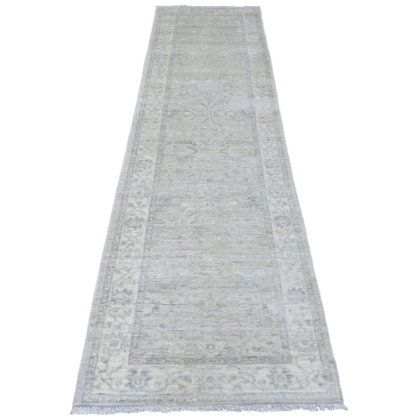 2'8"X10' Gray Heris All Over Design Pure Wool Hand Knotted Runner Rug
