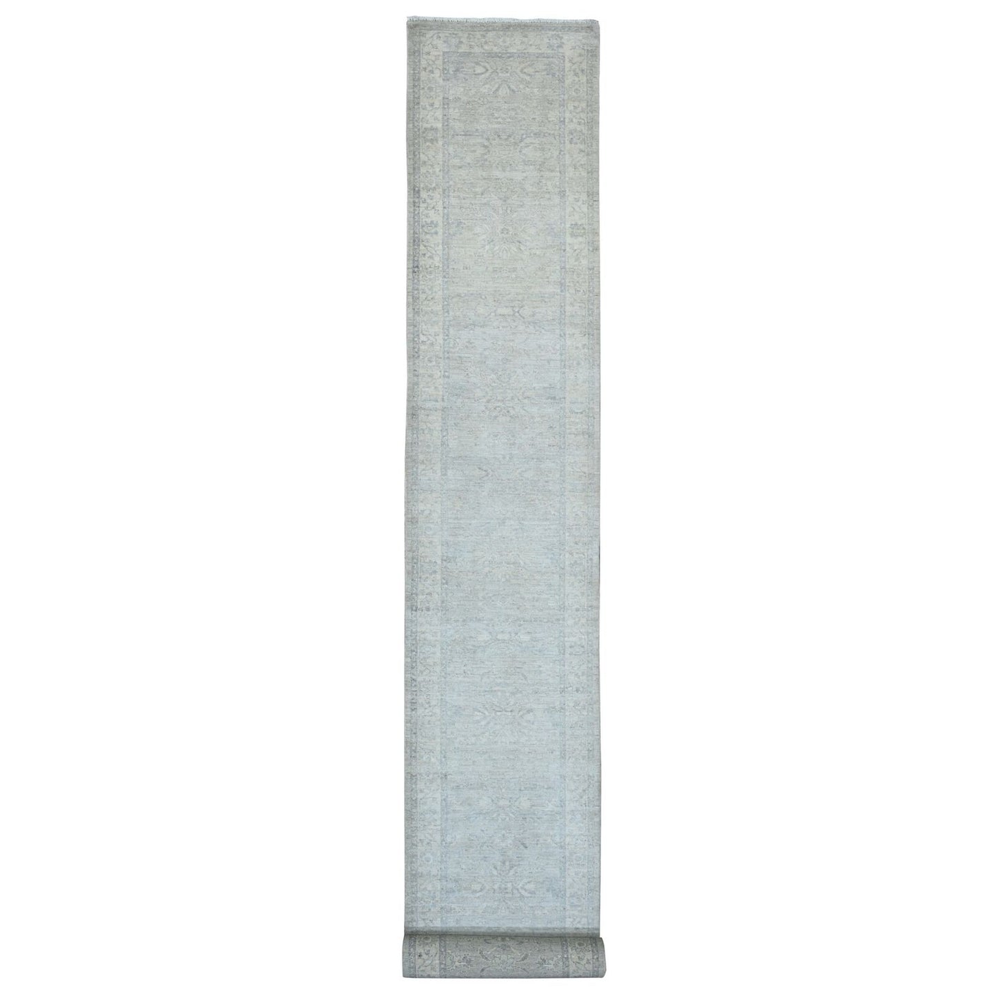 2'7"X23'8" Misty Gray Peshawar Heris Design Wool Hand Knotted Runner Rug