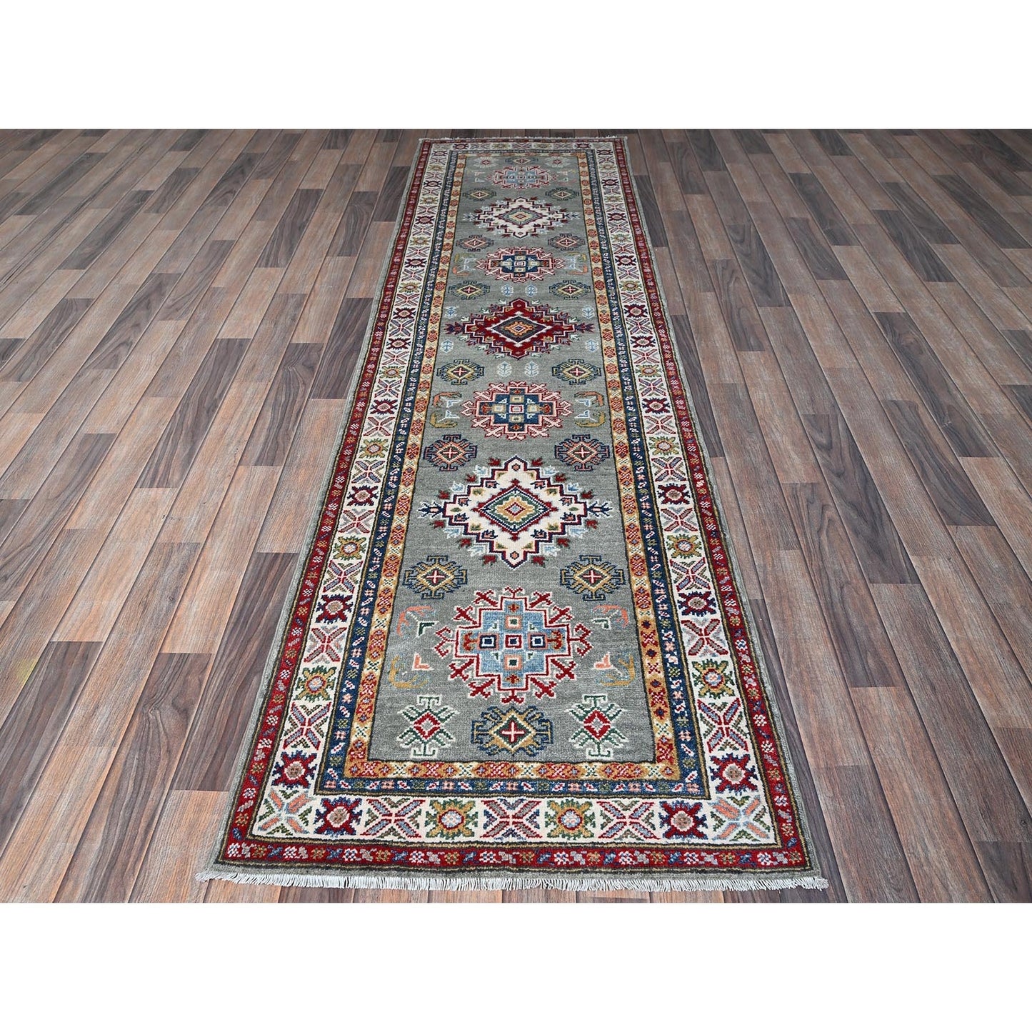 2'7"X9'3" Green Kazak With Geometric Design Wool Hand Knotted Runner Rug
