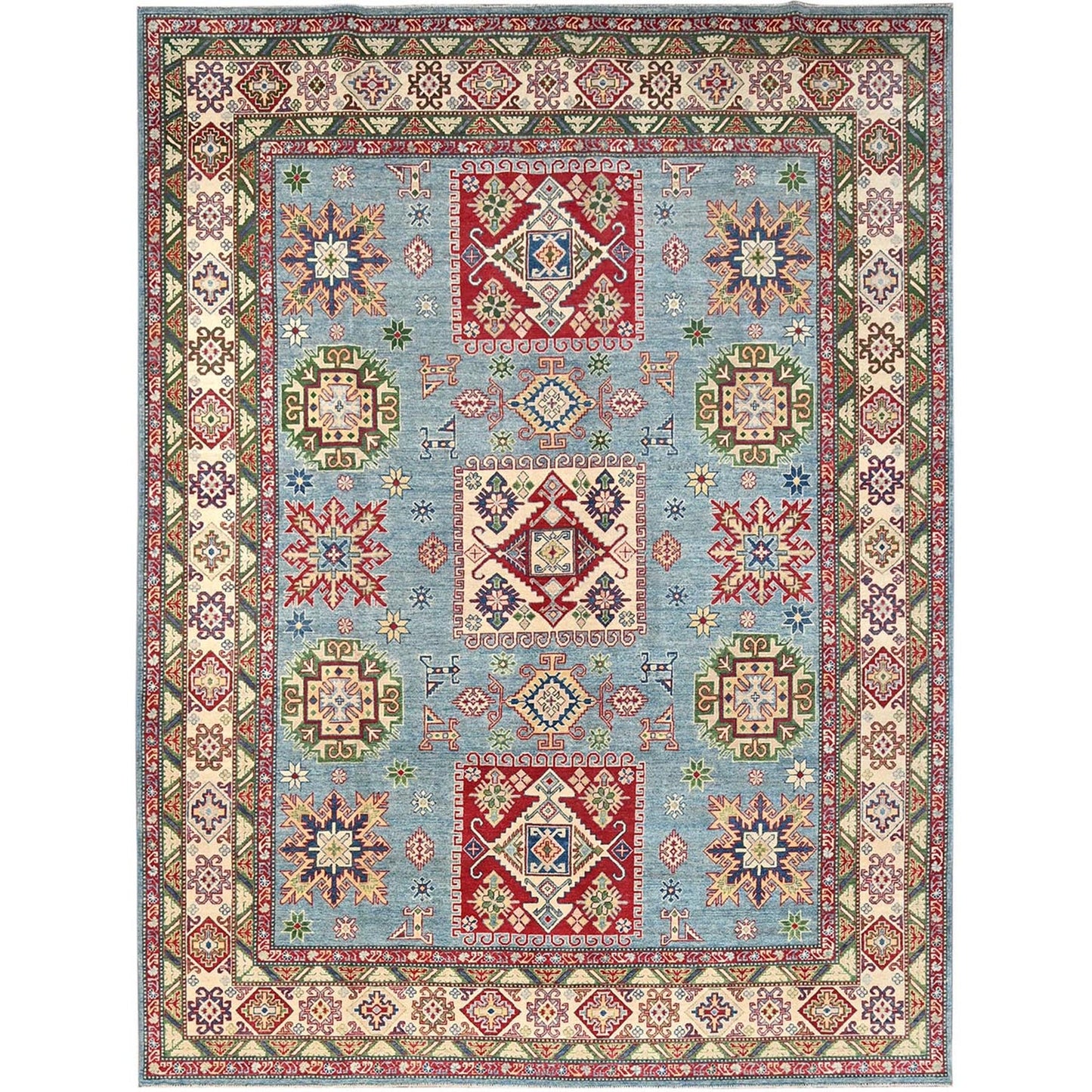 9'X11'9" Blue Hand Knotted Kazak Tribal Pattern Pure Wool Oriental Rug
