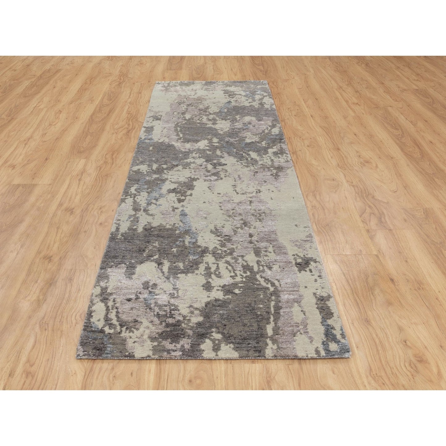 2'8"X10' Gray Abstract Design Wool And Silk Runner Hand Knotted Rug
