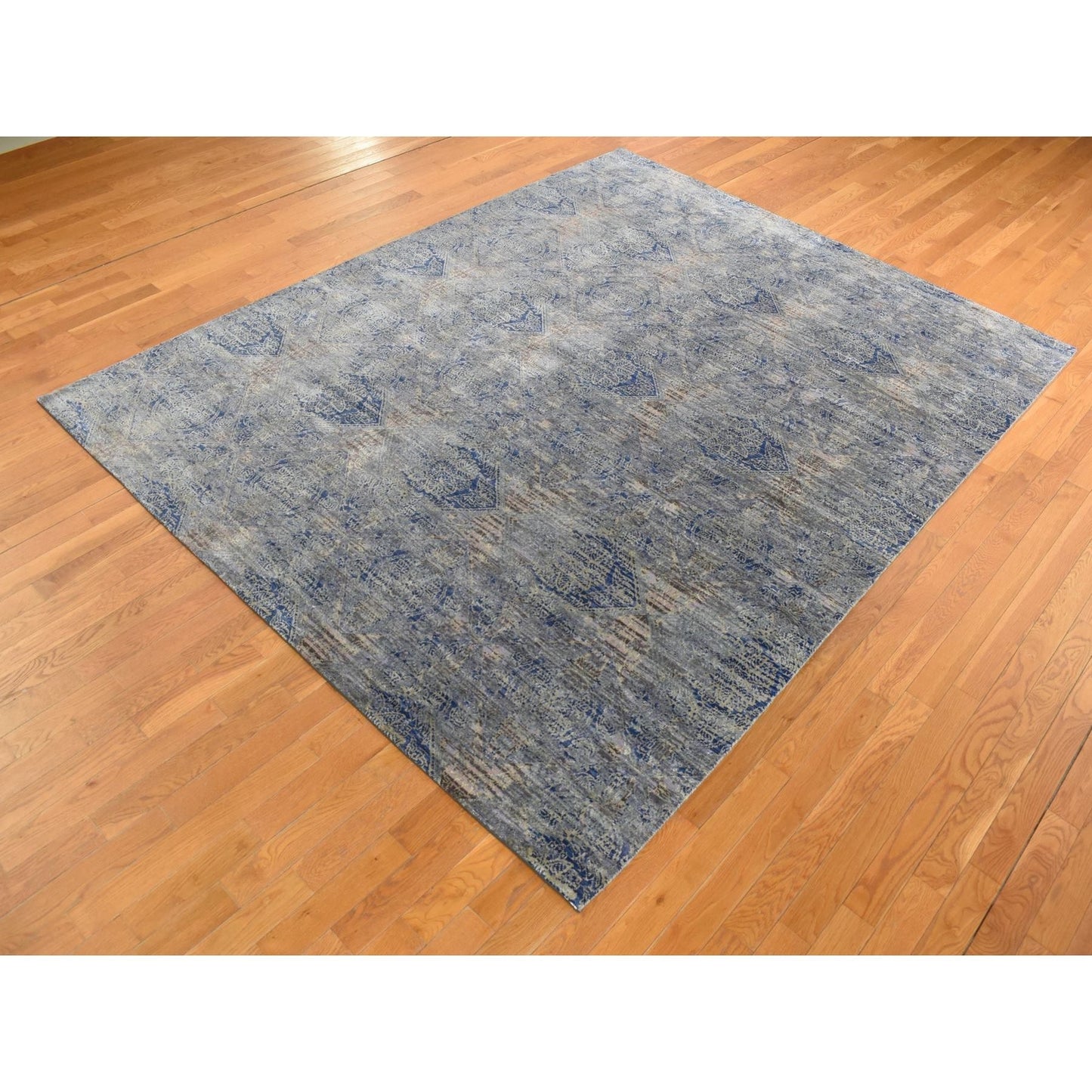 8'X10'2" Gray Erased Rossets Silk With Wool Hand Knotted Oriental Rug