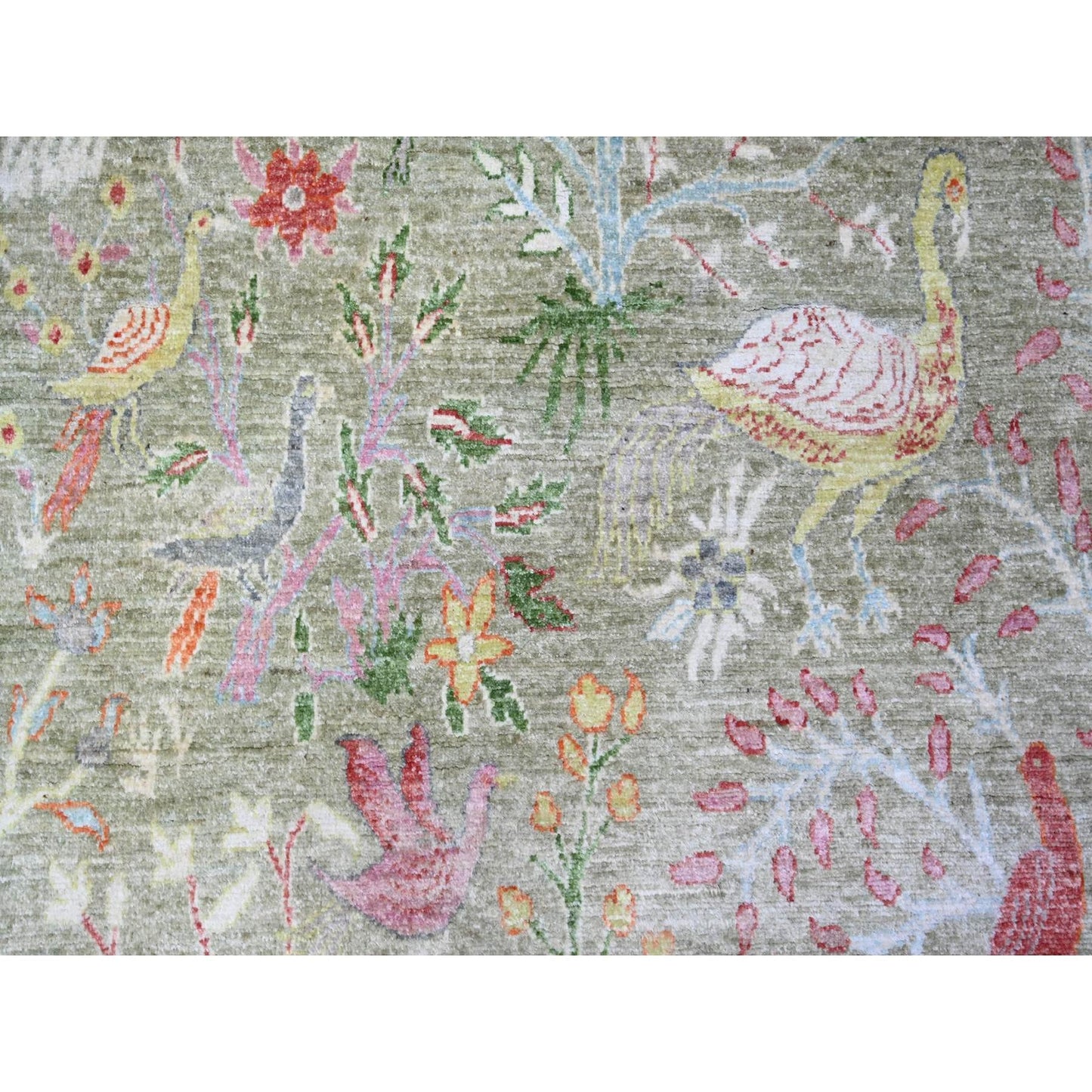 8'X8' Green Birds Of Paradise Hand Knotted Wool Peshawar Square Rug