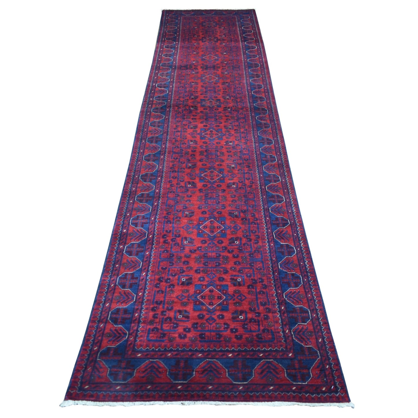 2'10"X12'8" Deep Red Afghan Khamyab Pure Wool Hand Knotted Runner Rug
