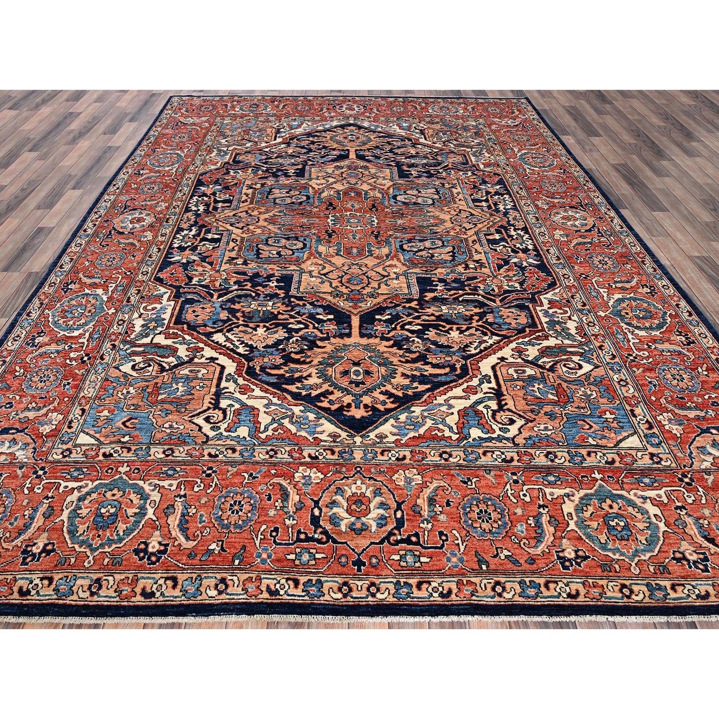 9'X12'1" Yale Blue Seeripe Heris Hand Knotted High Mountain Soft Wool Rug