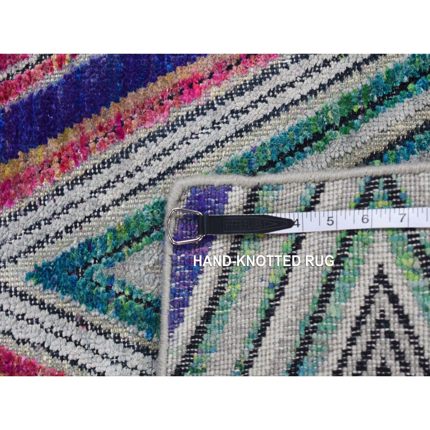 4'X6'2" Hot Pink Hand Knotted Chevron Design Silk With Wool Rug
