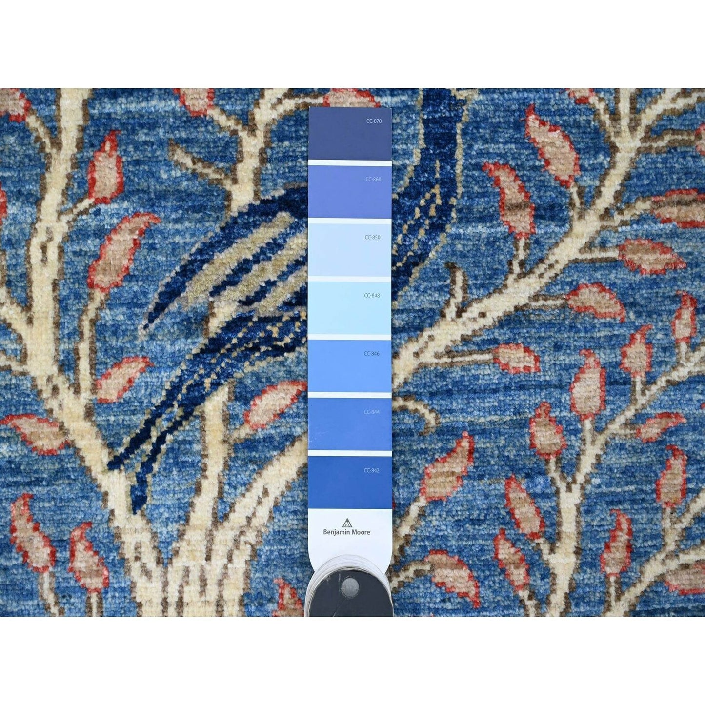 3'1"X19'4" Blue Afghan Peshawar Birds Design Hand Knotted Wool Runner Rug